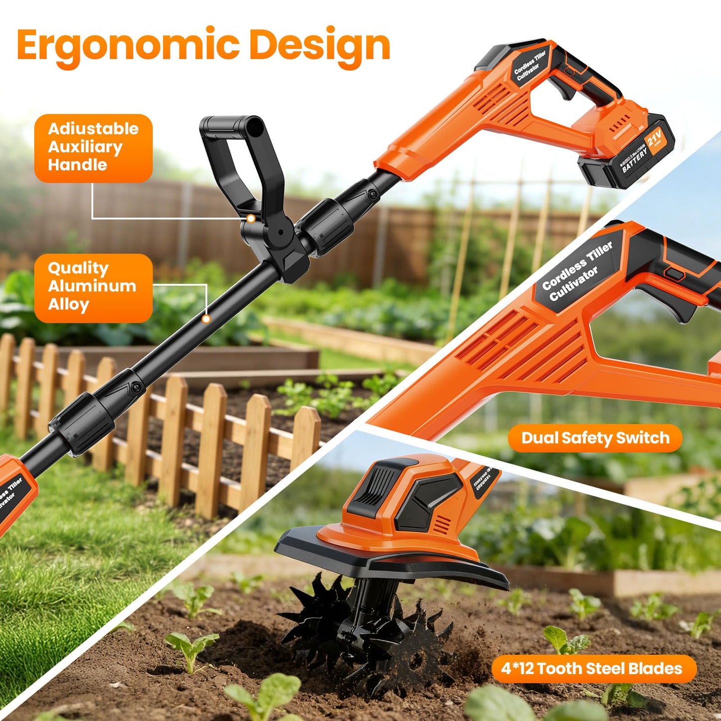 400RPM Brushless Cordlees Tiller Cultivator for Gardening, 20V Electric Garden Tiller Battery Powered((2*3.0Ah Battery&Charger), 9.5"Width 7"Depth, Garden Rototiller for Yard/Lawn/Soil Tiller (Orange)