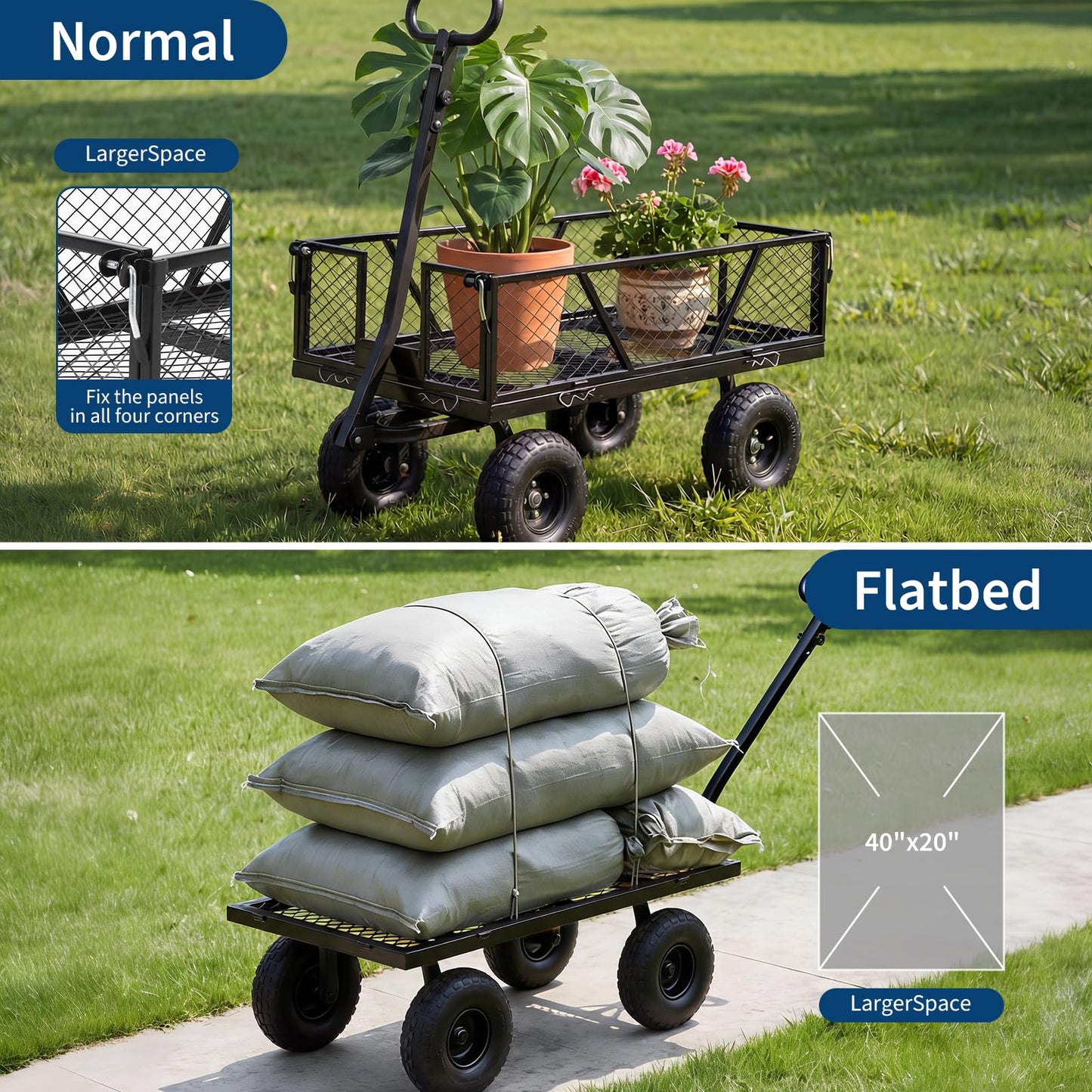  Heavy Duty Steel Garden Cart, 950 LBS Load Capacity Garden Wagon with 10 inch Tire and 180° Rotating Handle Attach to ATV or Tractor Blac