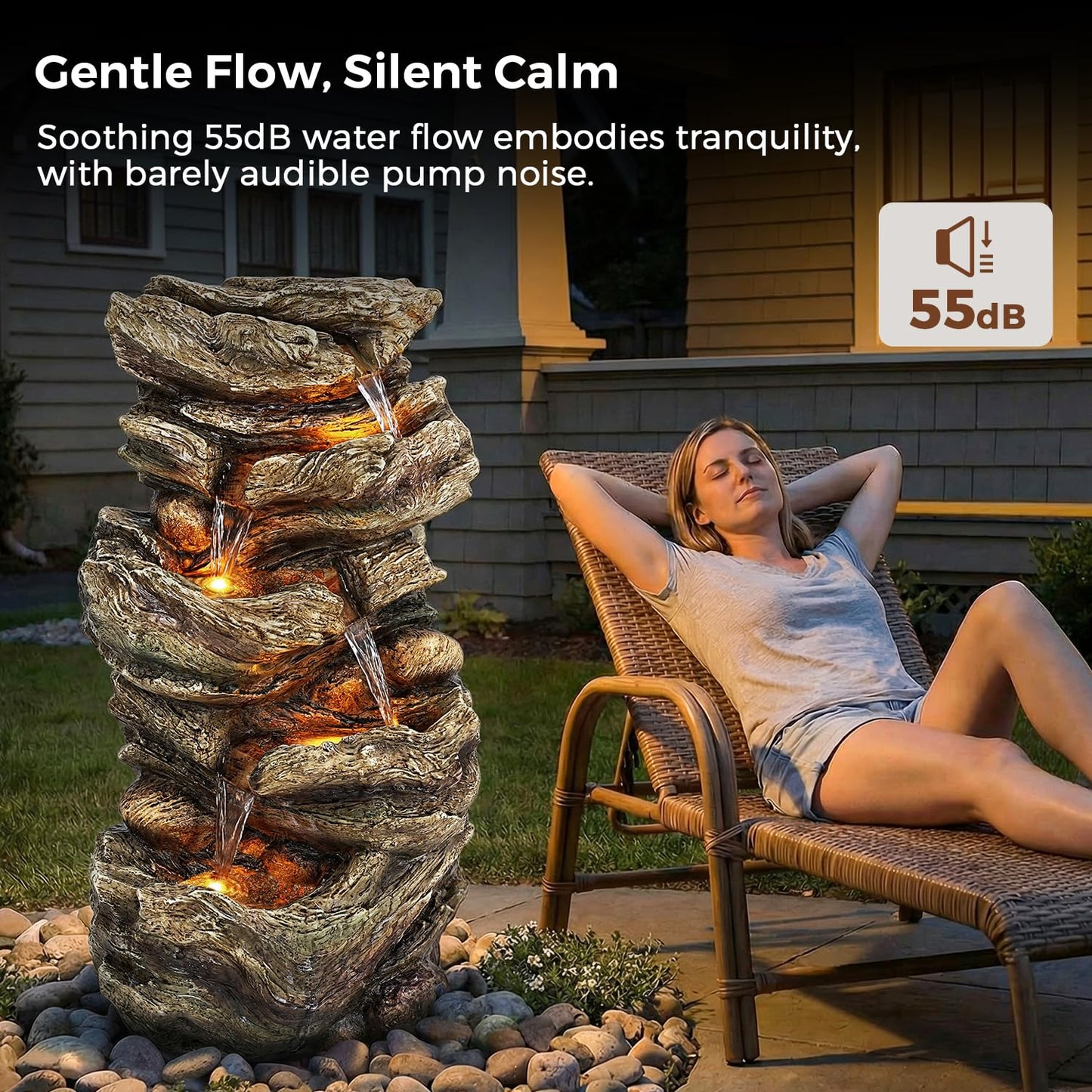 Jocoevol 32" High Outdoor Water Fountain, 5-Tiers Cascading Rock Waterfall Fountain with LED Lights for Garden, Patio, Yard Decor, Soothing Tranquility for Any Outdoor Living Space