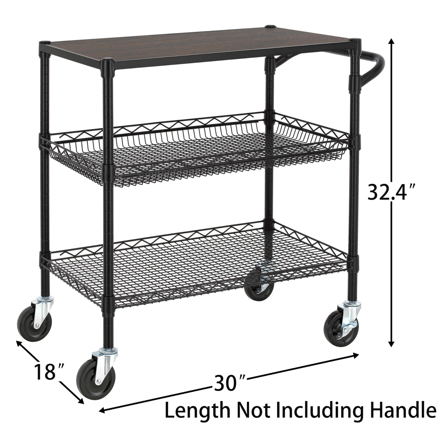 Finnhomy 3 Tier Heavy Duty Commercial Grade Utility Cart with Wood Top, Wire Rolling Cart with Wheels and Handle Bar, Kitchen Carts on Wheels, Metal Cart with 600 LBS Capacity, Black