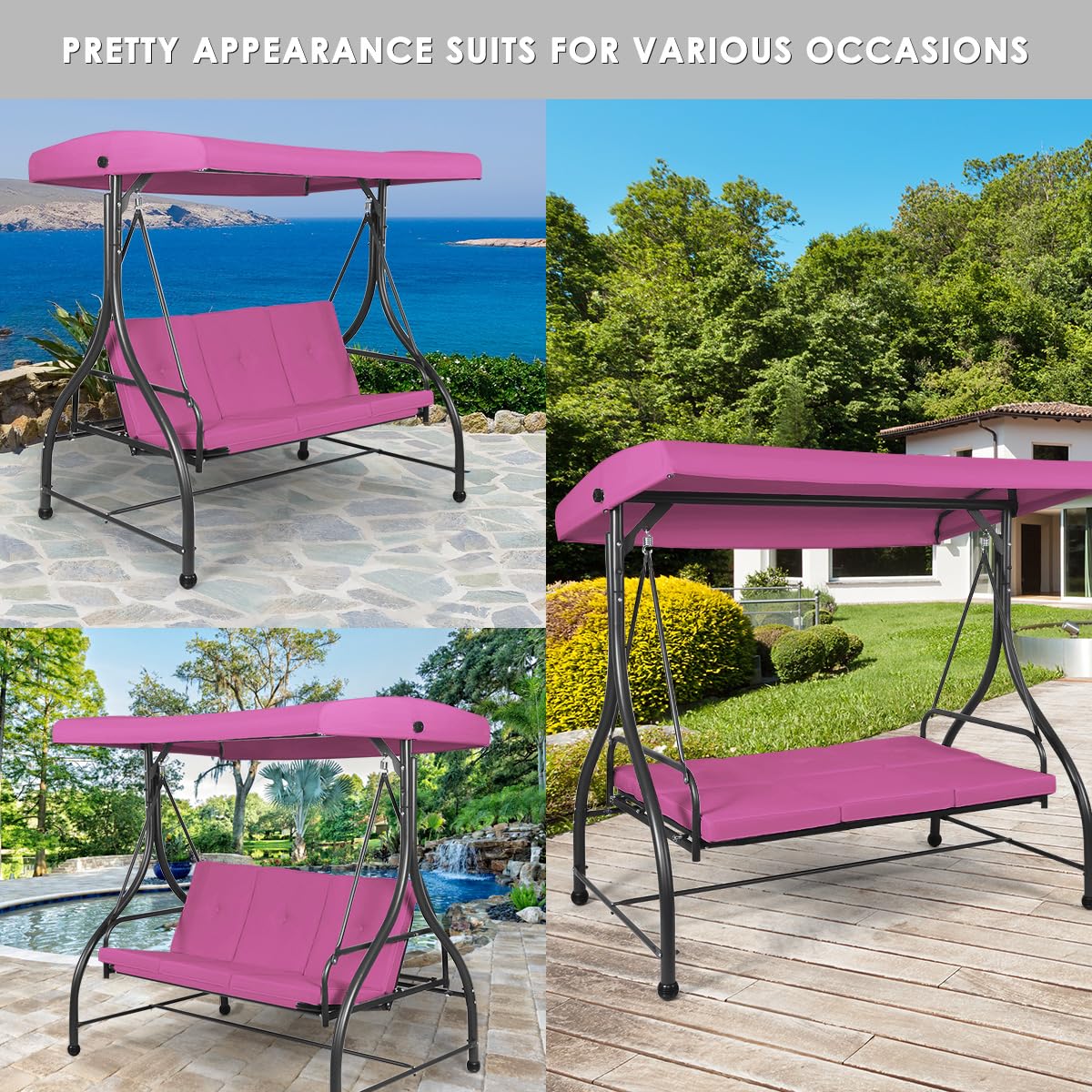 Tangkula 3 Seats Converting Patio Swing, Outdoor Porch Garden Canopy Swing with Comfortable Cushion Seats & Adjustable Tilt Canopy, Heavy Duty Hammock 3 Persons Porch Swing (Rose Red)