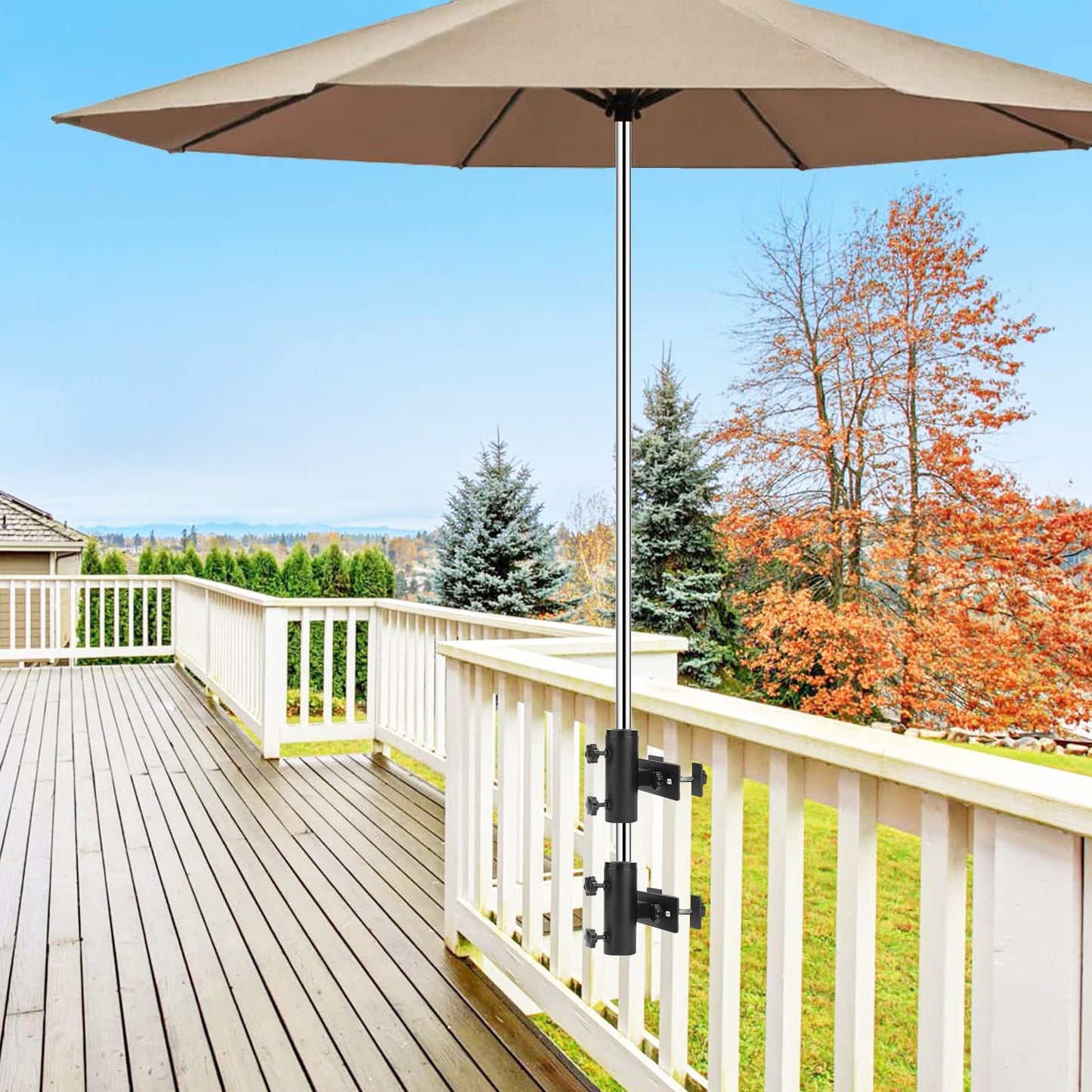 SLIIMU Umbrella Stand for Deck Railing, Patio Fence Umbrella Holder Clamp Outdoor, Adjustable Deck Post Parasol Mount Bracket, Metal Balcony Parasol Base Clip on Porch, Courtyard (Black)
