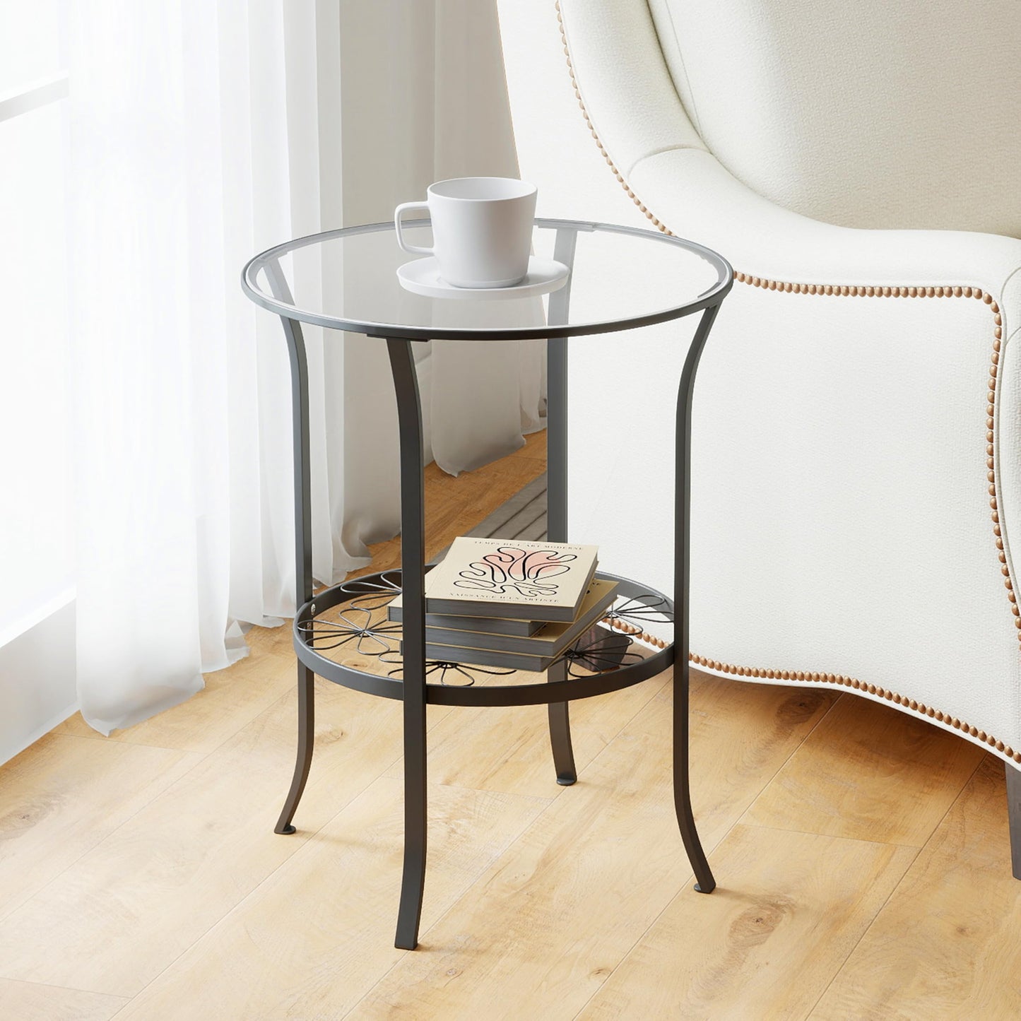 DDK 2-Tier Round Side Table with Tempered Glass Top & Decorative Floral Metal Shelf, Outdoor End Table for Patio Balcony, Indoor Accent Table for Living Room Bedroom