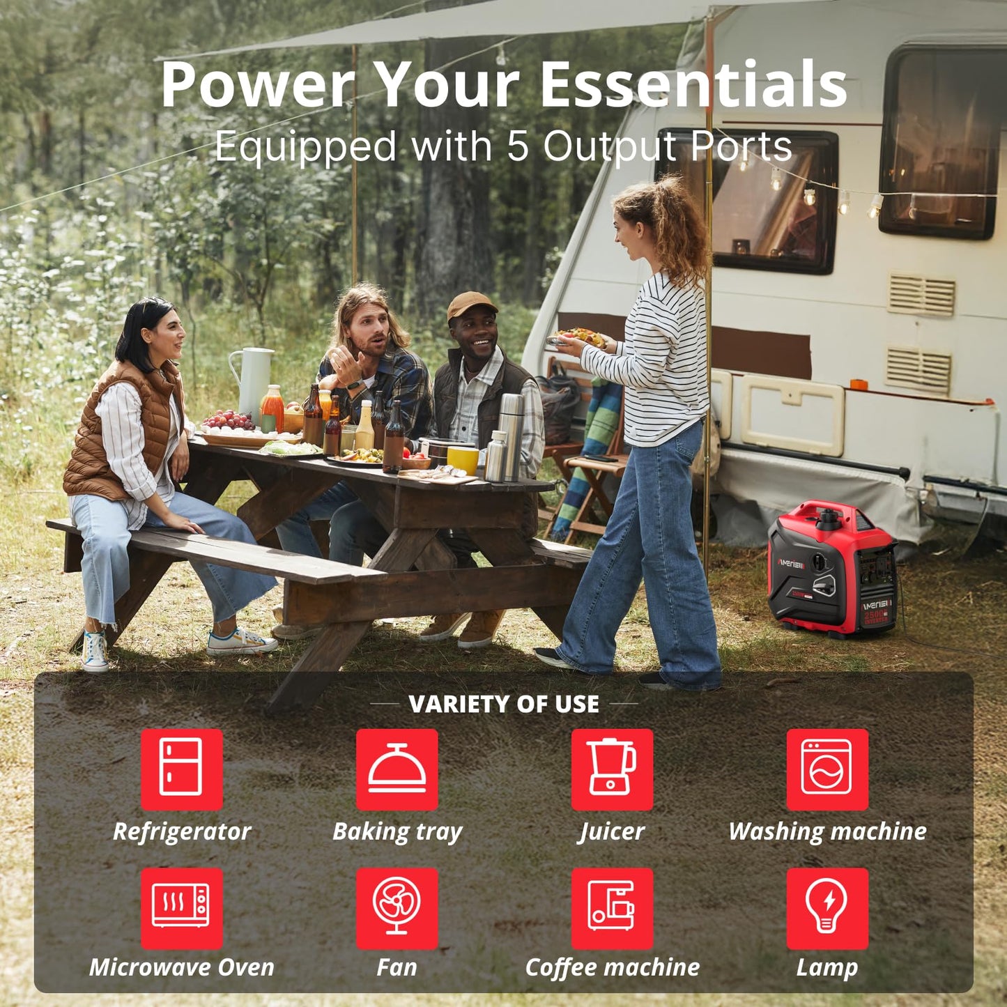 AMERISUN 2500W Portable Inverter Generator, Gas Powered Generator with CO Sensor, 11H Runtime, 120V AC/12V DC/USB, Quiet, Lightweight for Outdoor, Home Backup, RV, Camping & Emergency Power