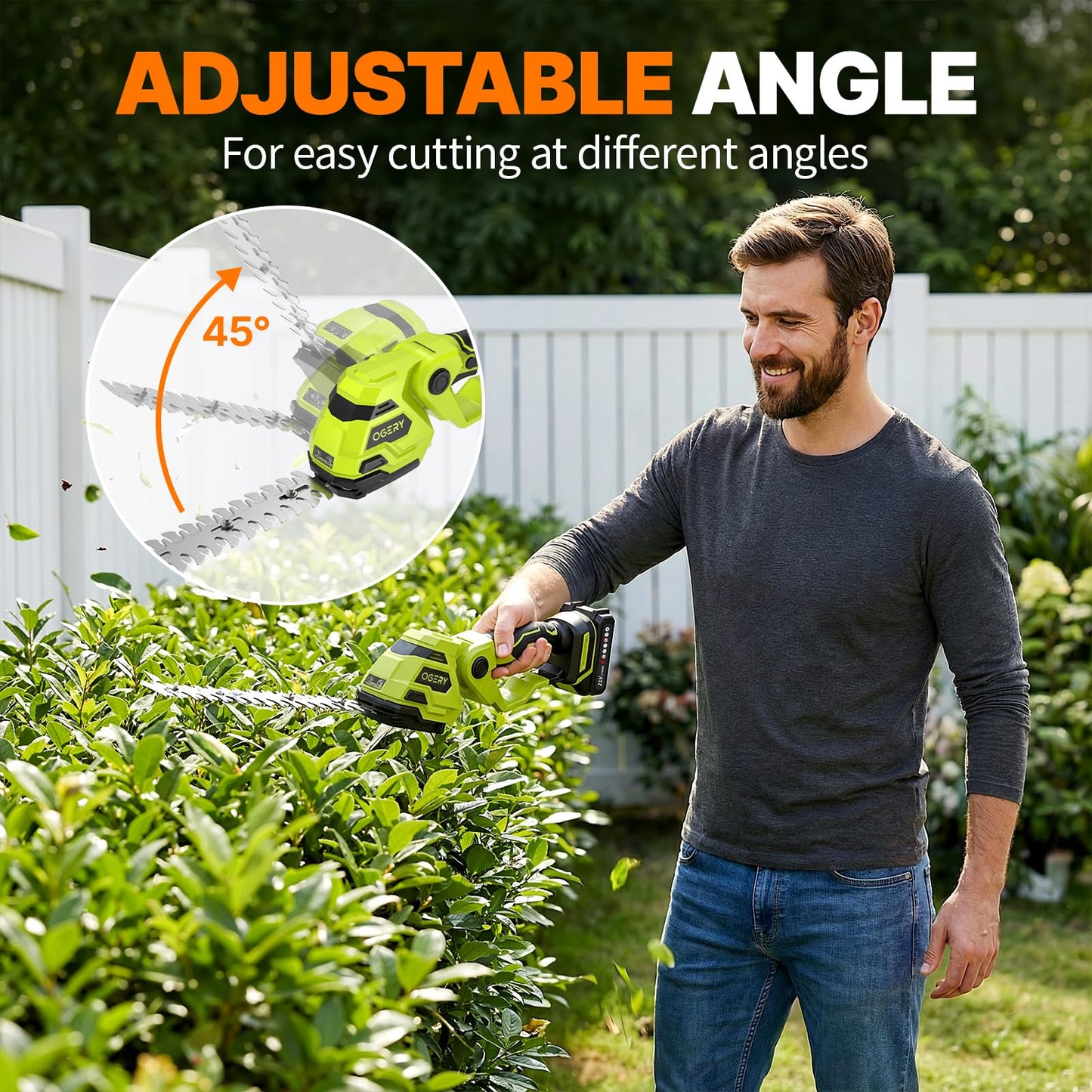 OGERY 21V Cordless Hedge Trimmer & Grass Shears, 2-in-1 Powerful Dual Batteries Electric Bush Trimmer with 8.9” Hedge Blade & 5.1” Grass Trimmer, Adjustable Angle, Lightweight for Garden & Lawn Care