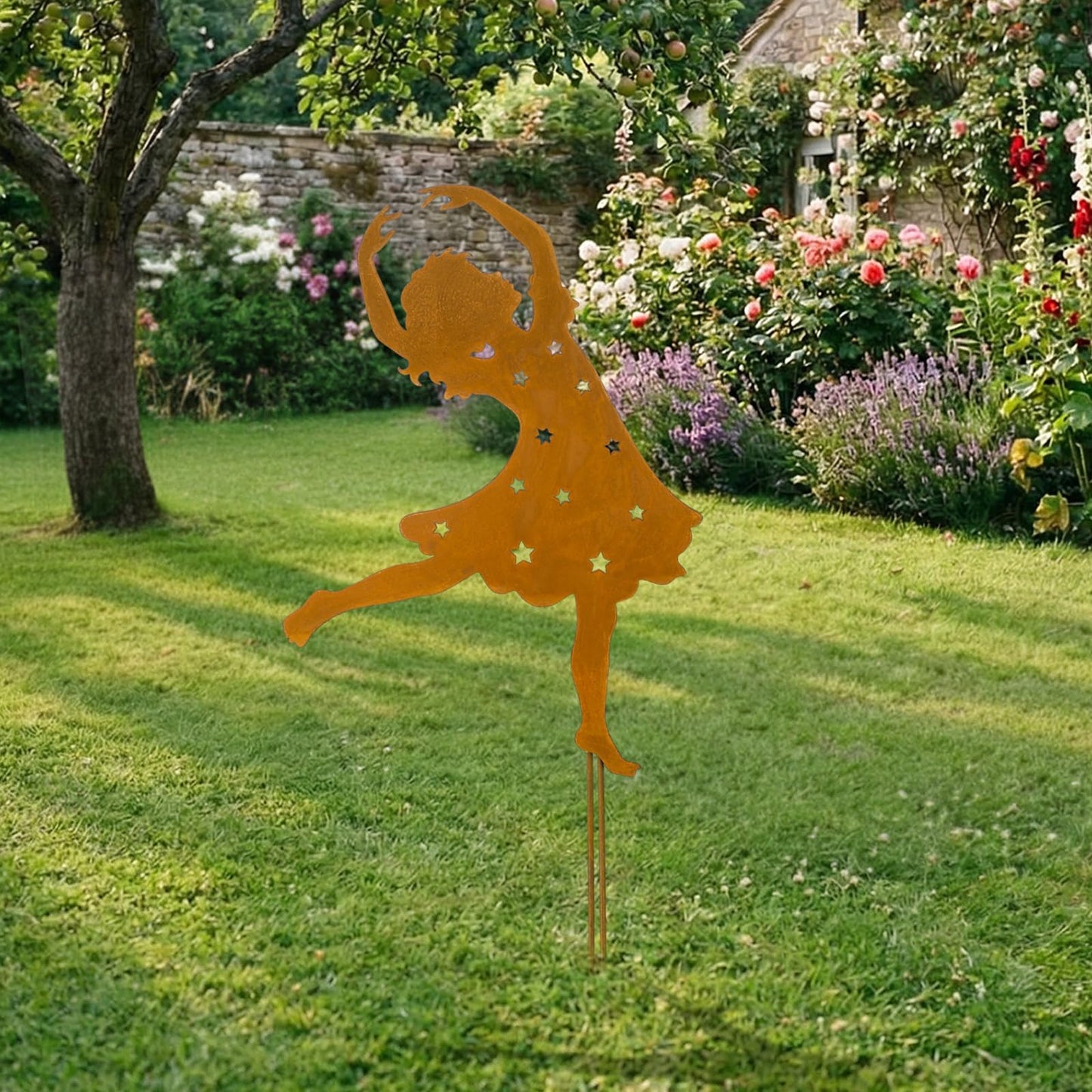 Therwen Rusty Metal Girl Dancer Garden Stake 24'' H Rusty Fairy Sculpture Yard Stake Large Whimsical Dancing Girl Silhouette for Lawn Garden Yard Patio Outdoor Primitive Decor
