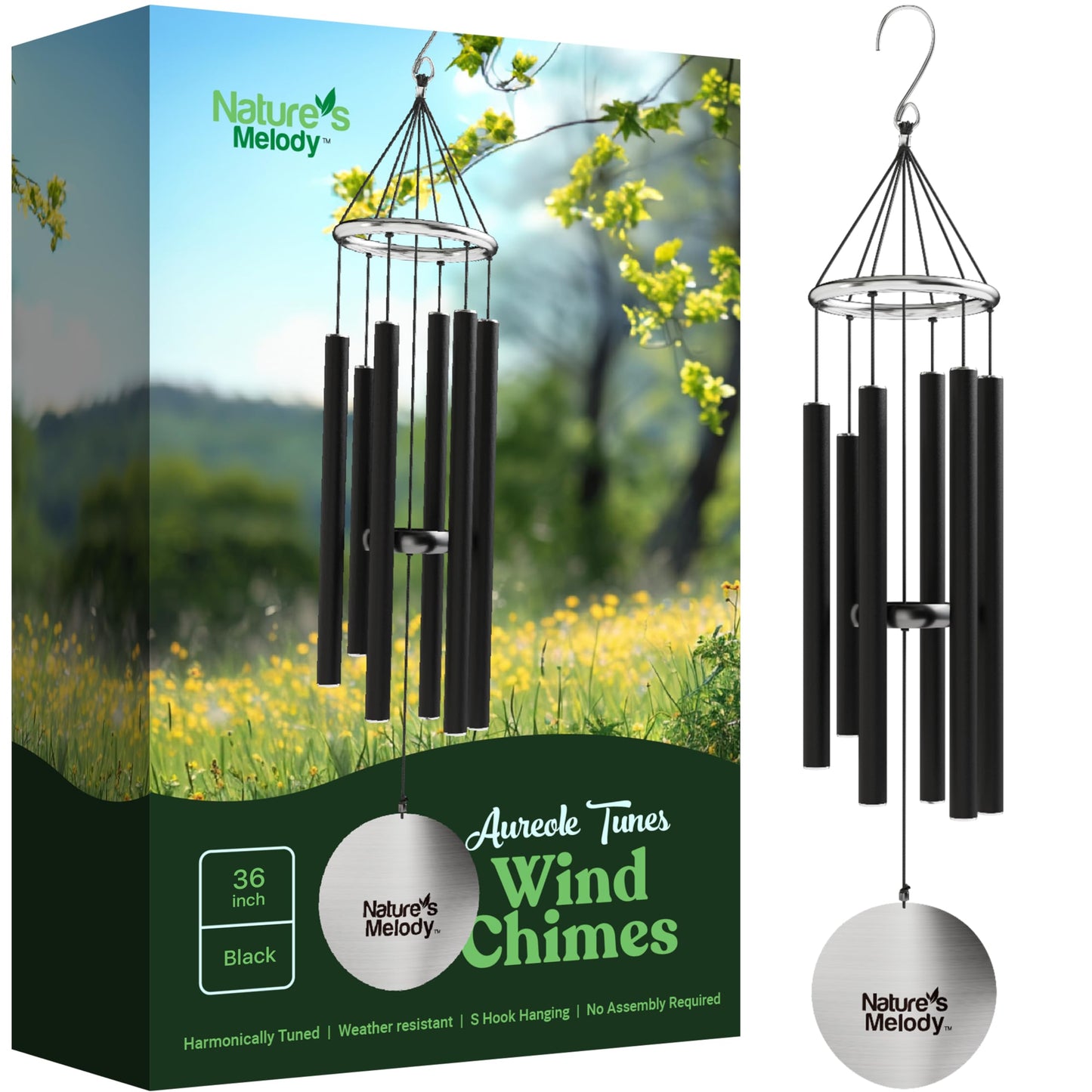 Nature’s Melody Aureole Tunes Wind Chimes – Outdoor Windchime with 6 Tubes Tuned to E Pentatonic Scale, 100% Rustproof Aluminum, Powder Finish & S Hook Hanger for Sympathy, Memorial Gift or Zen Garden