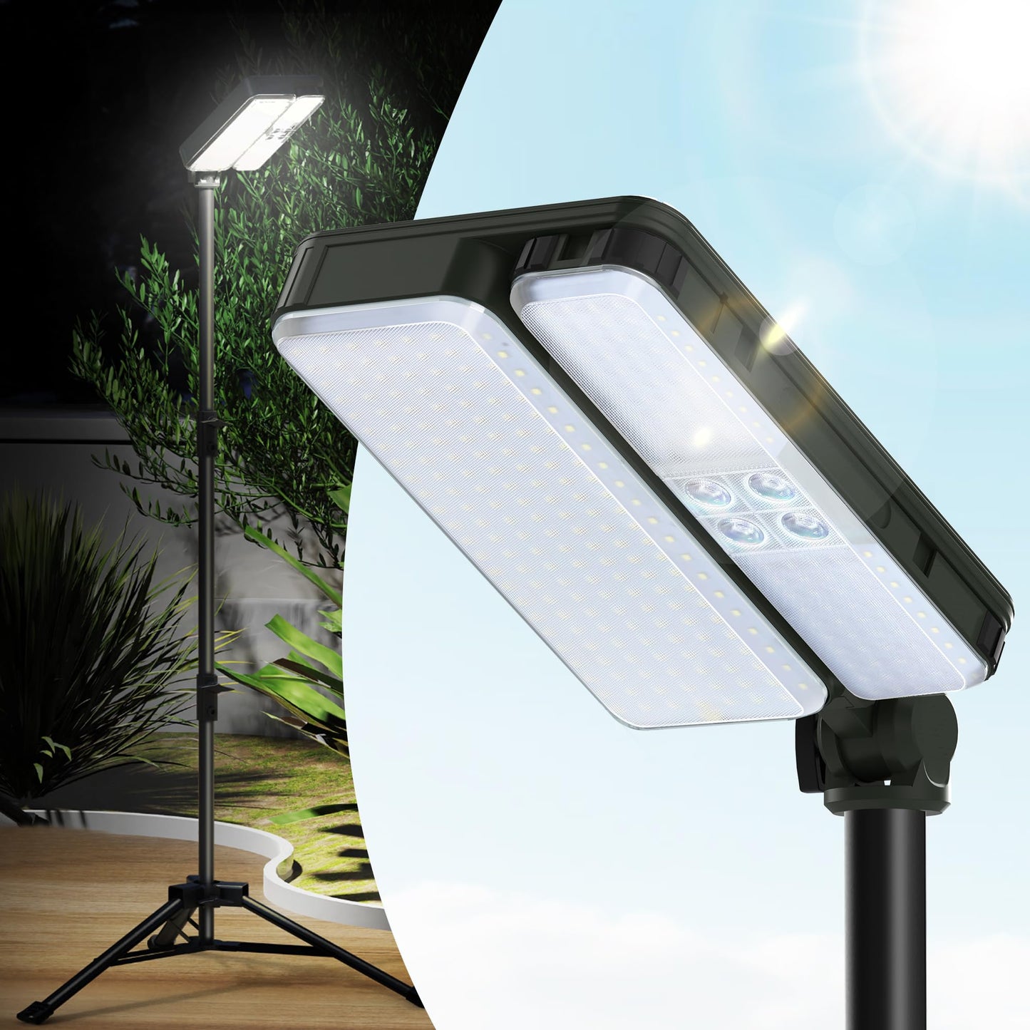KIALUSH 10000lm Dimmable Rechargeable Work Light, 15000mAh Detachable Camping Work Light 72'' Telescopic with 2 Separate Lights, 2 Charge Ways Type C & Solar Powered