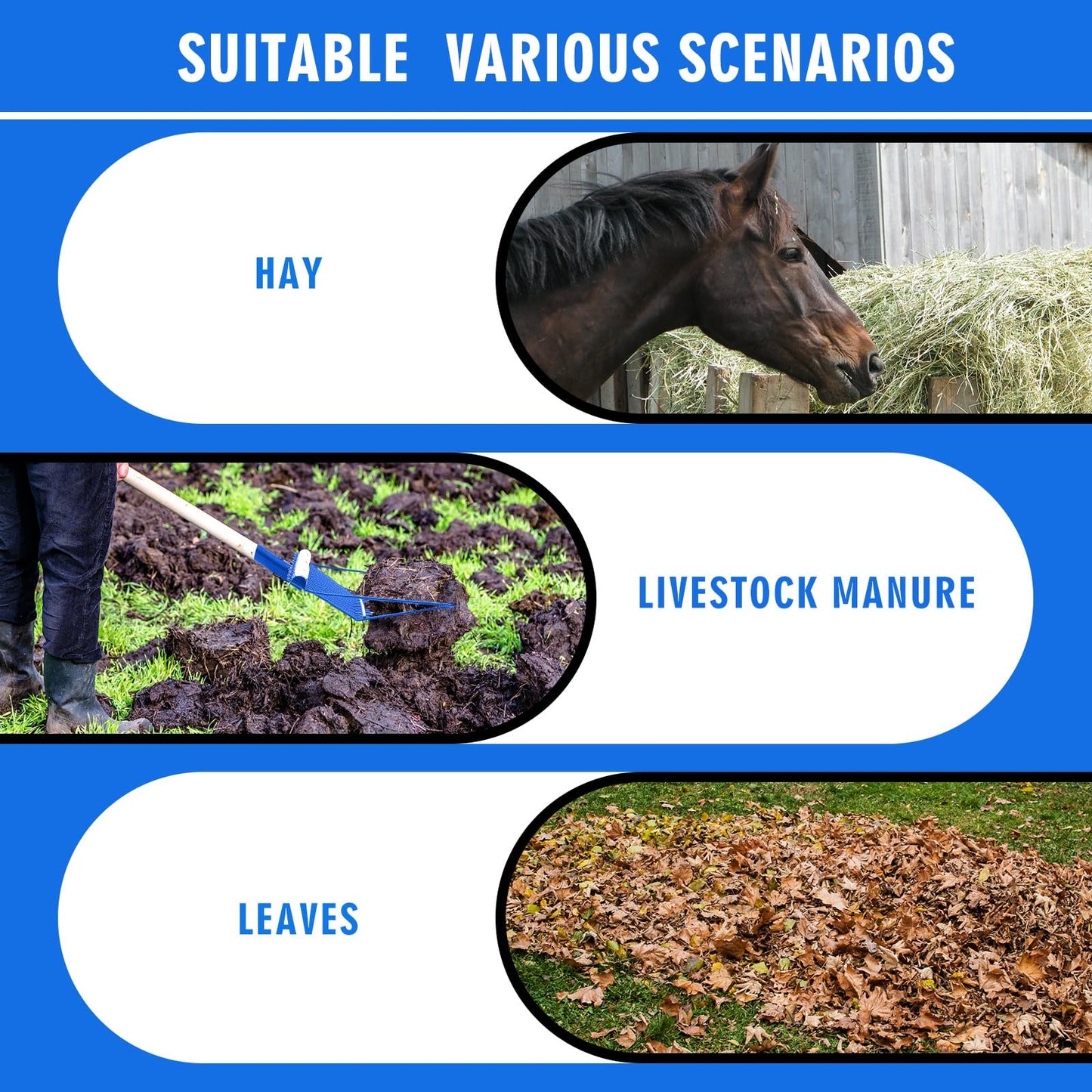 Tandefio 1 Pack Manure Fork Replacement Head Metal Pitchfork Horse Manure Rake Garden Pitch Fork Replacement Head with Angled Tines for Horse Stall Poop Picking up(Blue)