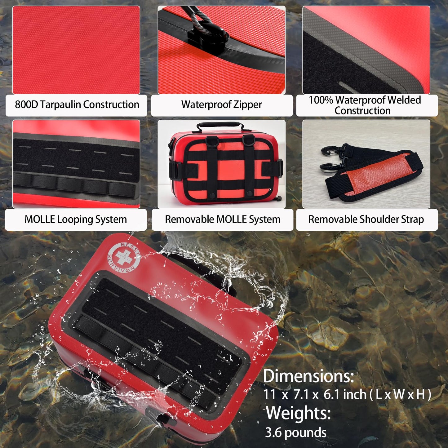 Besst Survivor 348-Piece Waterproof First Aid Kit- Comprehensive Trauma Kit for Marine/Boating/Camping/Hurricanes, Car & Home Emergency Medical Kits with Labeled Compartments, MOLLE System & CPR Kit