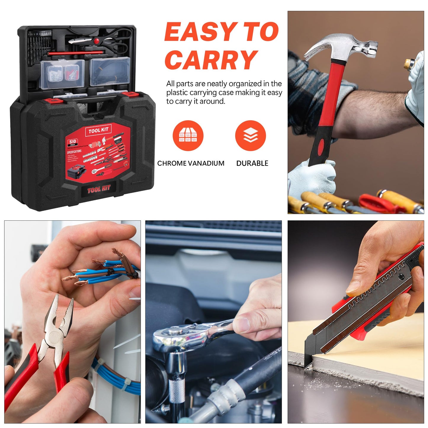 winturbor 500-Piece Home Repair Tool Set with Drawer Toolbox – Comprehensive Household & Auto Maintenance Kit for DIY Enthusiasts, Homeowner, Handyman (500 PCS Black+Red)