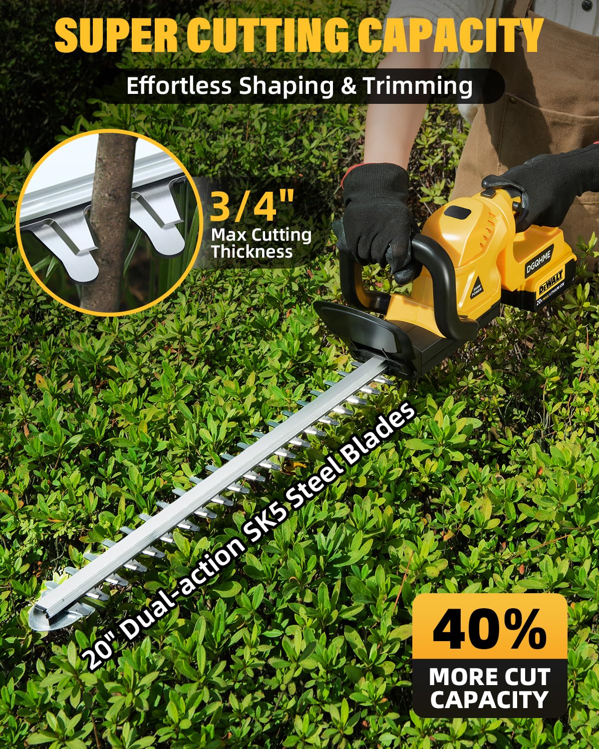 DGQHME Cordless Hedge Trimmer, Compatible with Dw 20V MAX Battery, Lightweight Hedge Trimmers,3000RPM 180° Rotating Head,3/4" Blade Gap(Battery Not Included)