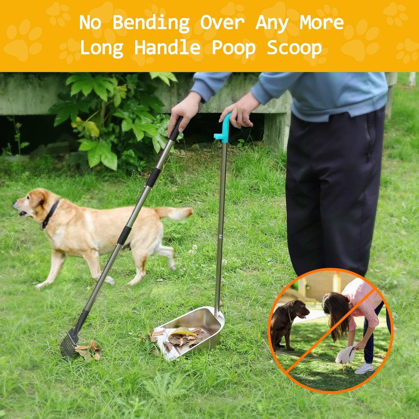 indiedouker Dog Pooper Scooper for Large Dogs with Large Capacity Tray and 36" Long Handle Rake,Stainless Steel Dog Poop Scooper for Dogs,Heavy Duty Dog Poop Scooper for Yard