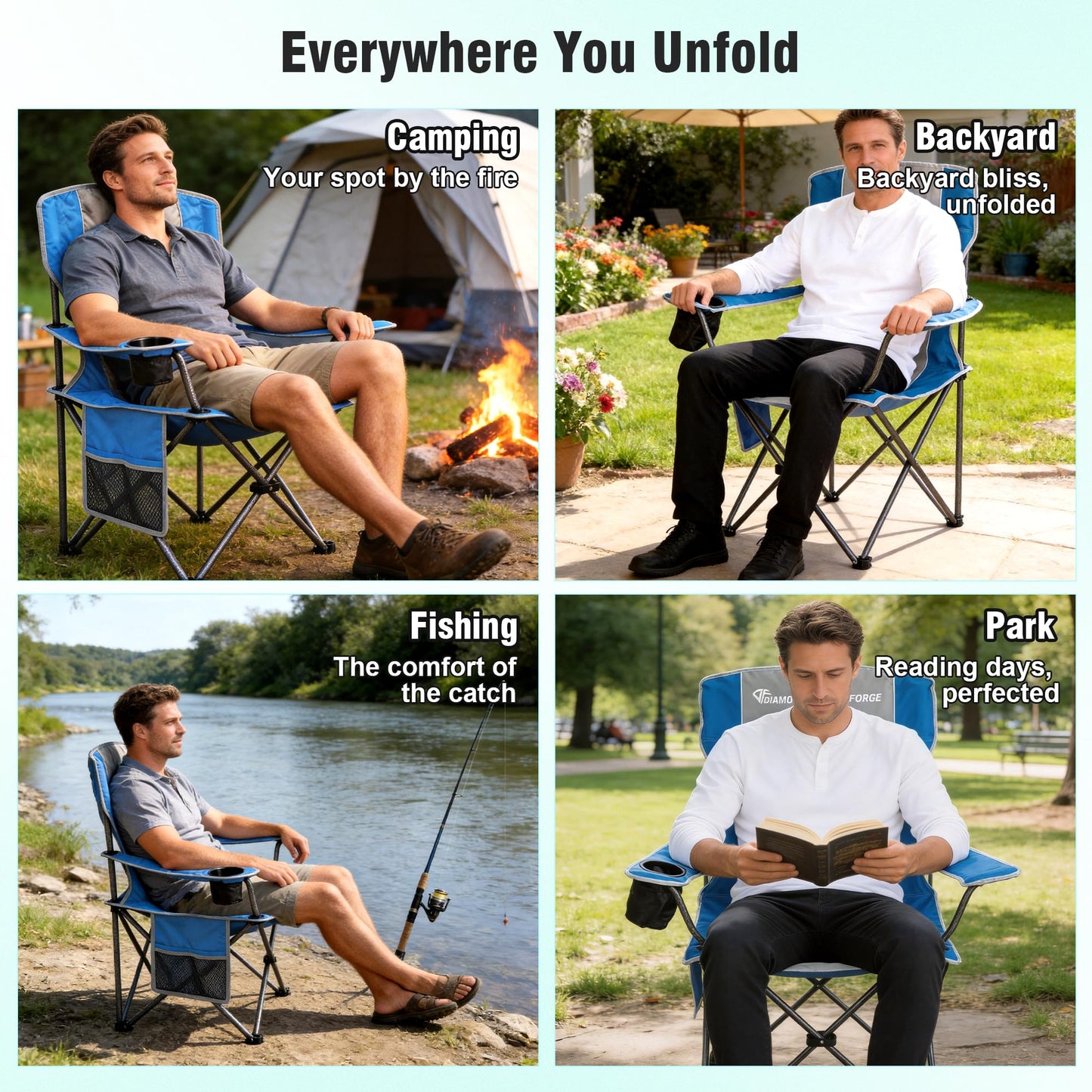 DIAMONDFORGE High Back Camping Chair for Adult, Portable Folding Camp Chair, Outdoor Camping Chair with Wide Cup Holder, Side Pocket for Hiking Fishing Sports, Blue Grey (2 Pack)