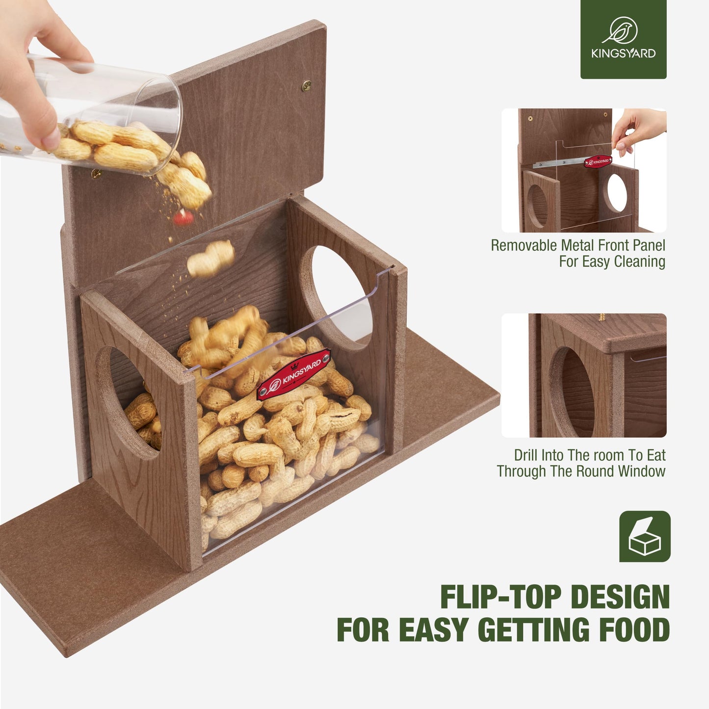 Kingsyard Squirrel Feeder Box for Outside, Recycled Plastic Squirrel Feeder Box with Corn Cob Holders, Easy to Refill & Clean, Weather-Proof (Brown)