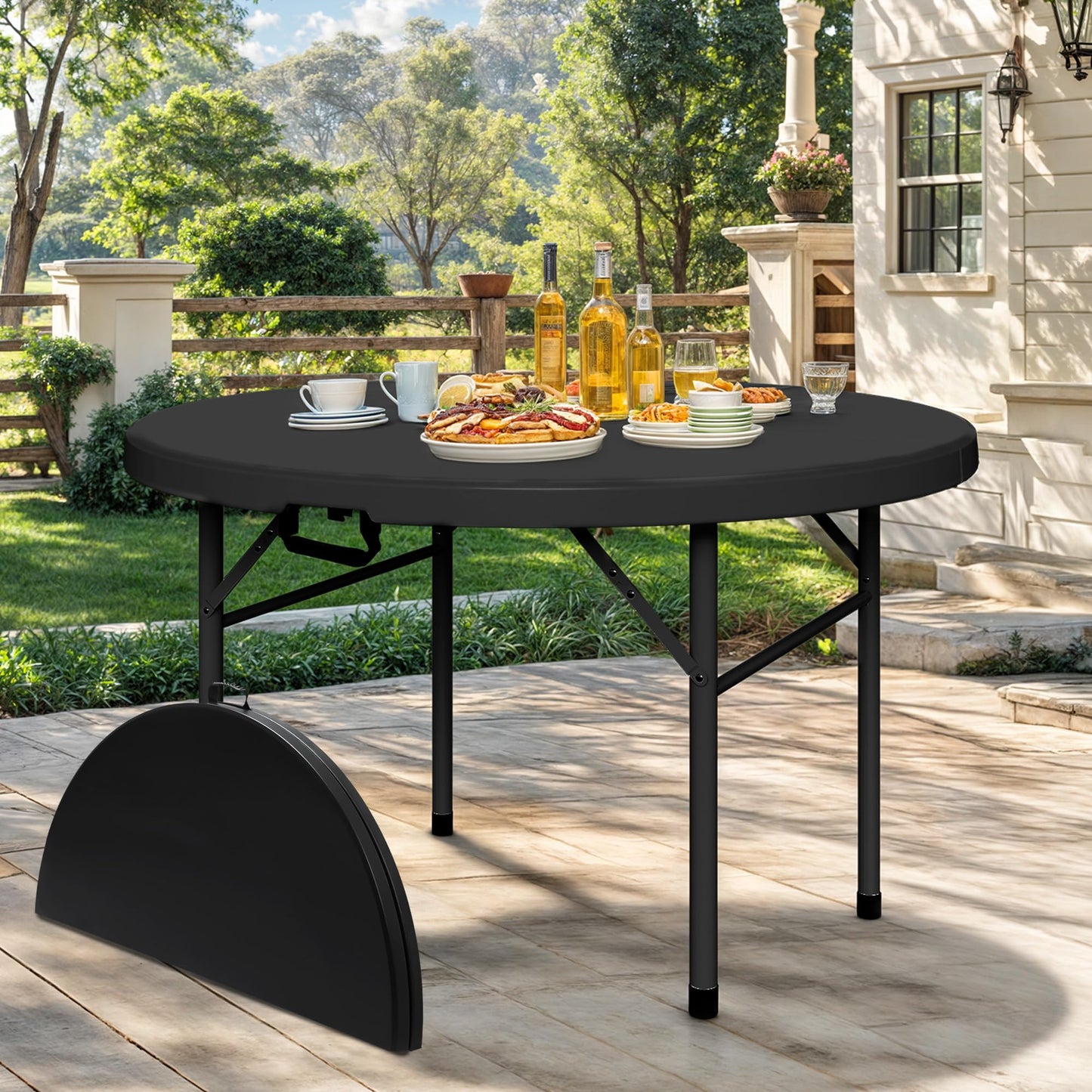 DWVO 48 Inch Folding Table for Outdoor/Indoor, Round Folding Table w/Sturdy Metal Frame, Lightweight Yet Thick Table Top Ideal for Patio Backyard Dining Room Events, Black