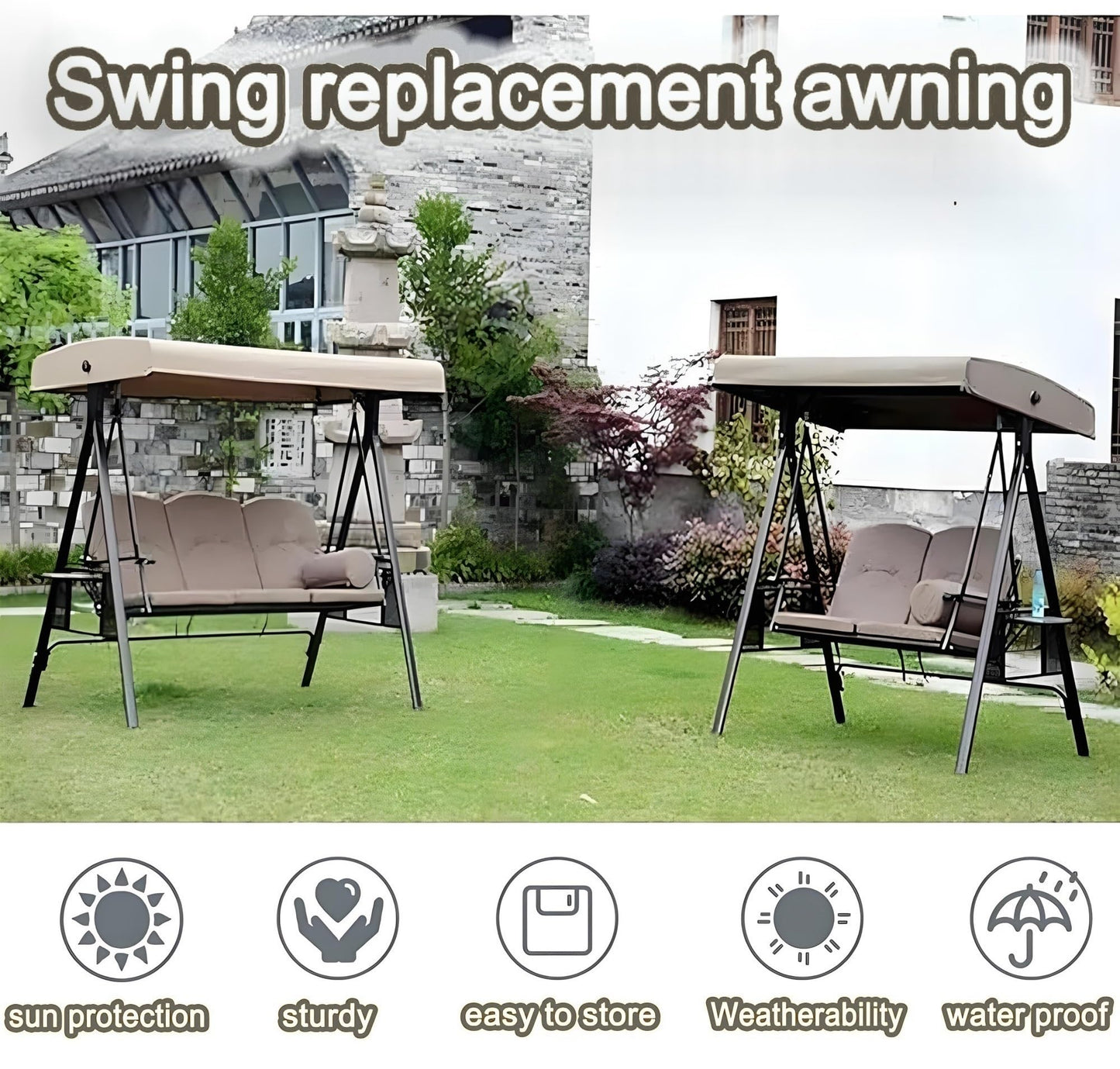 Porch Swing Canopy Replacement Top, 2/3 Seater Hammock Cover Top Waterproof Replacement Canopy Outdoor Furniture Cover for Garden Patio Porch(3 Seater:79x46.4inch)