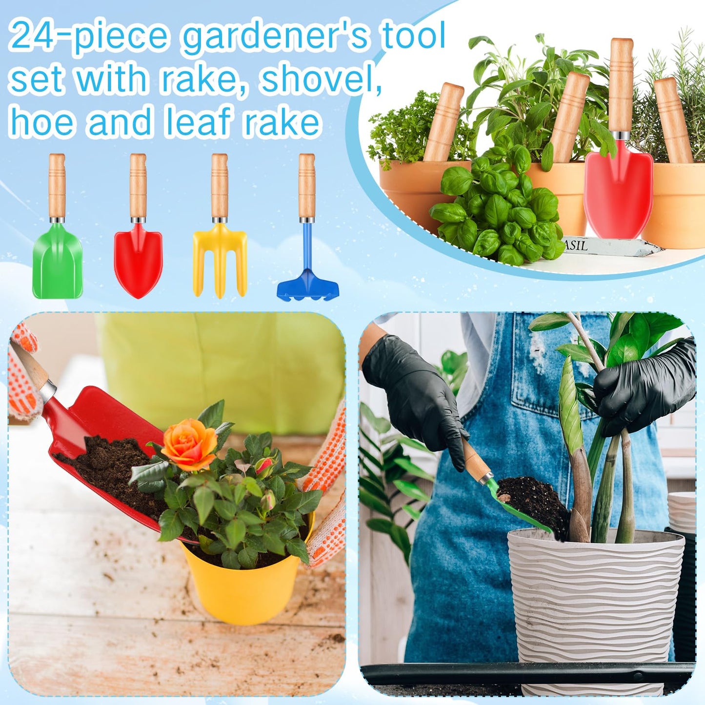 Motionchic 8" Kids Gardening Tools, Metal Beach Sandbox Digging Toys with Wooden Handle, Including Shovel, Rake, Fork and Trowel, Garden Sand Snow Tools for Children Gift Outdoor Gardening(24 Pcs)