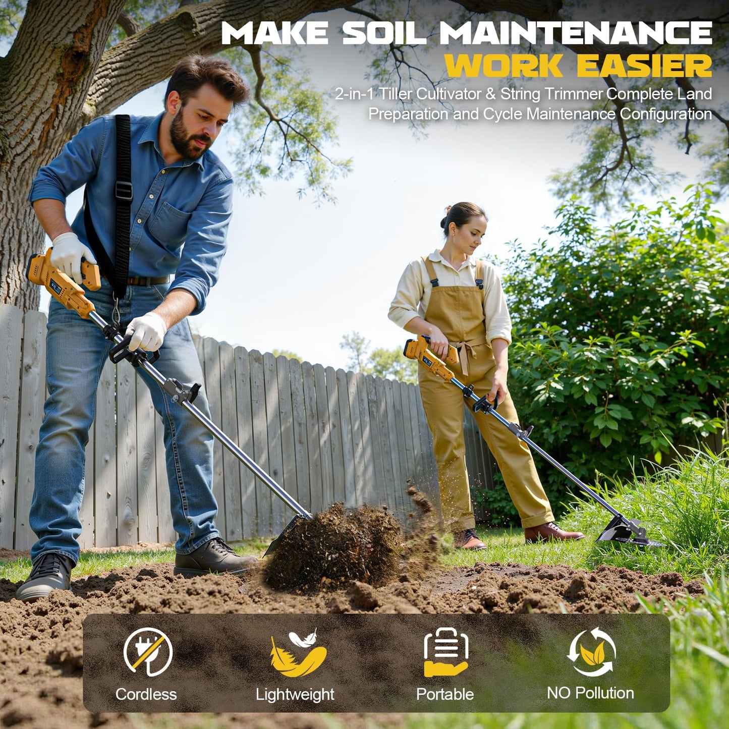 Cordless 2-in-1 Tiller Cultivator & Weed Wacker Compatible with Dewalt 20V Battery (Tool Only), 500RPM Electric Garden Tiller String Trimmer, 9" Tilling Width 9.4" Depth for Soil Lawn Cultivation