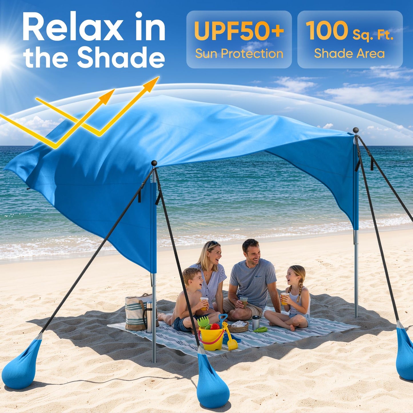 MoKo Beach Shade Canopy, 100 Sq.Ft. Wind-Supported Sunshade Sail for 4-6 People, Lightweight Easy Setup Beach Tent with UPF 50+ Sun Protection for Family Travel Coastal Trips