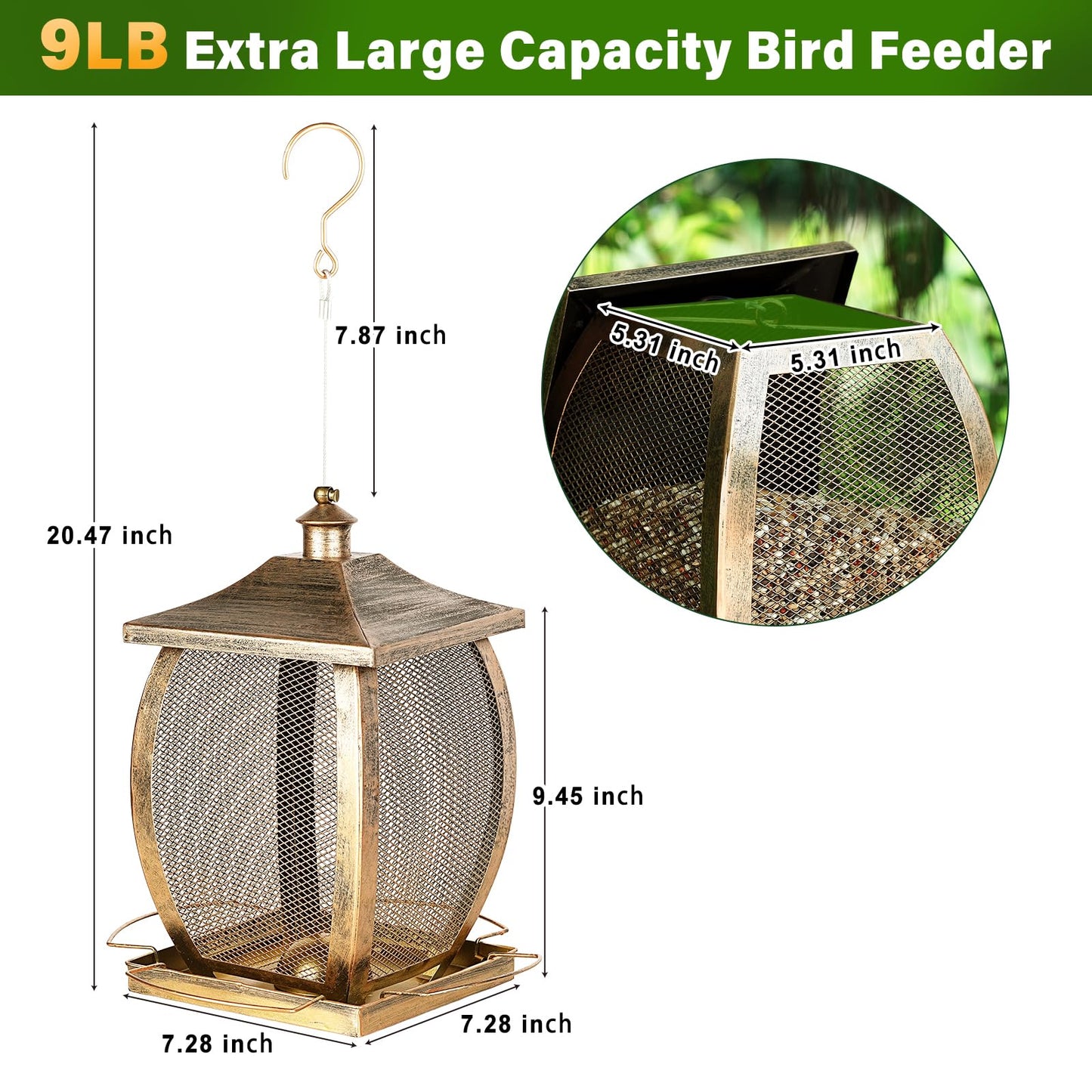 Bird Feeder, Heavy Duty Metal Wild Bird Feeders for Outdoors Hanging, 9 Lbs Extra Large Bird Feeder for Garden Yard Outside Backyard, Retro Lantern Shape