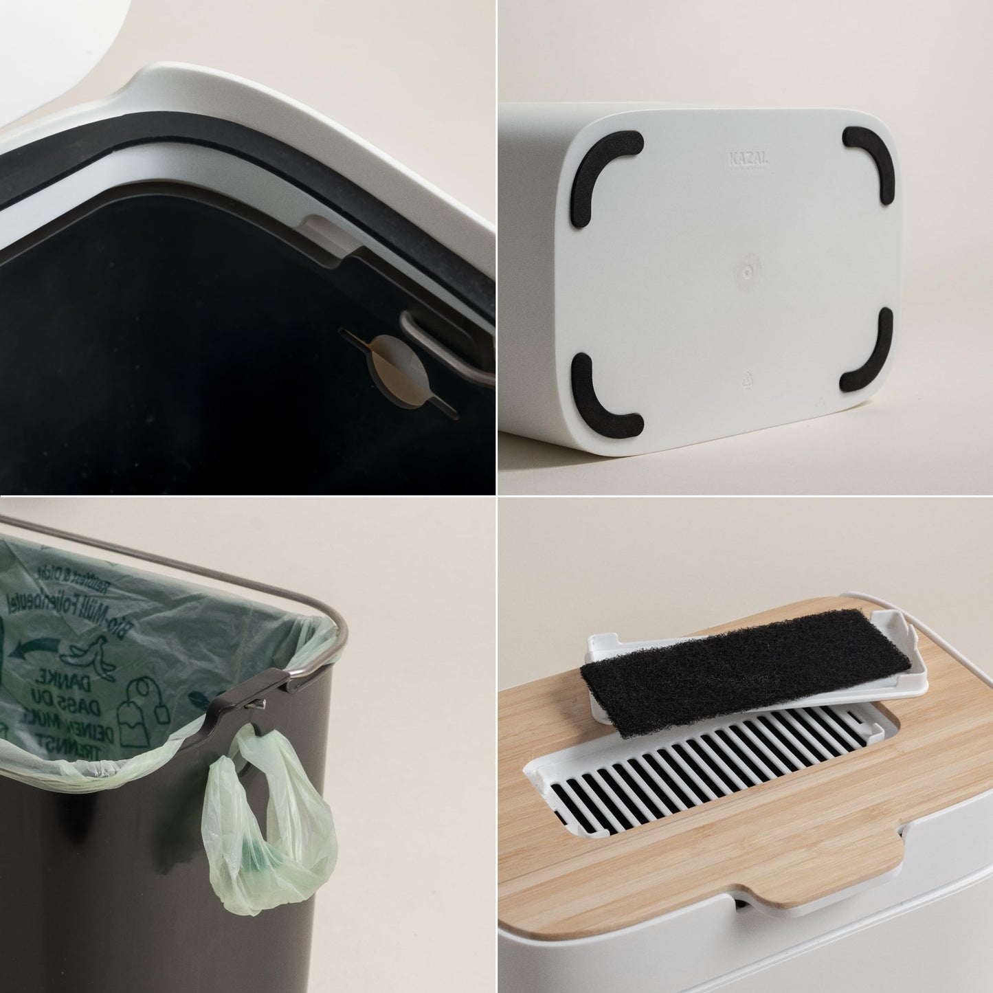 KAZAI. Compost Bin Kitchen 'Elin' | 1.2 GAL / 4.5L Countertop Compost Bin with Wooden Lid & Filter | Odor-Free, Dishwasher Safe, with Inner Bucket | Small Indoor Kitchen Composter | Off-White/Bamboo