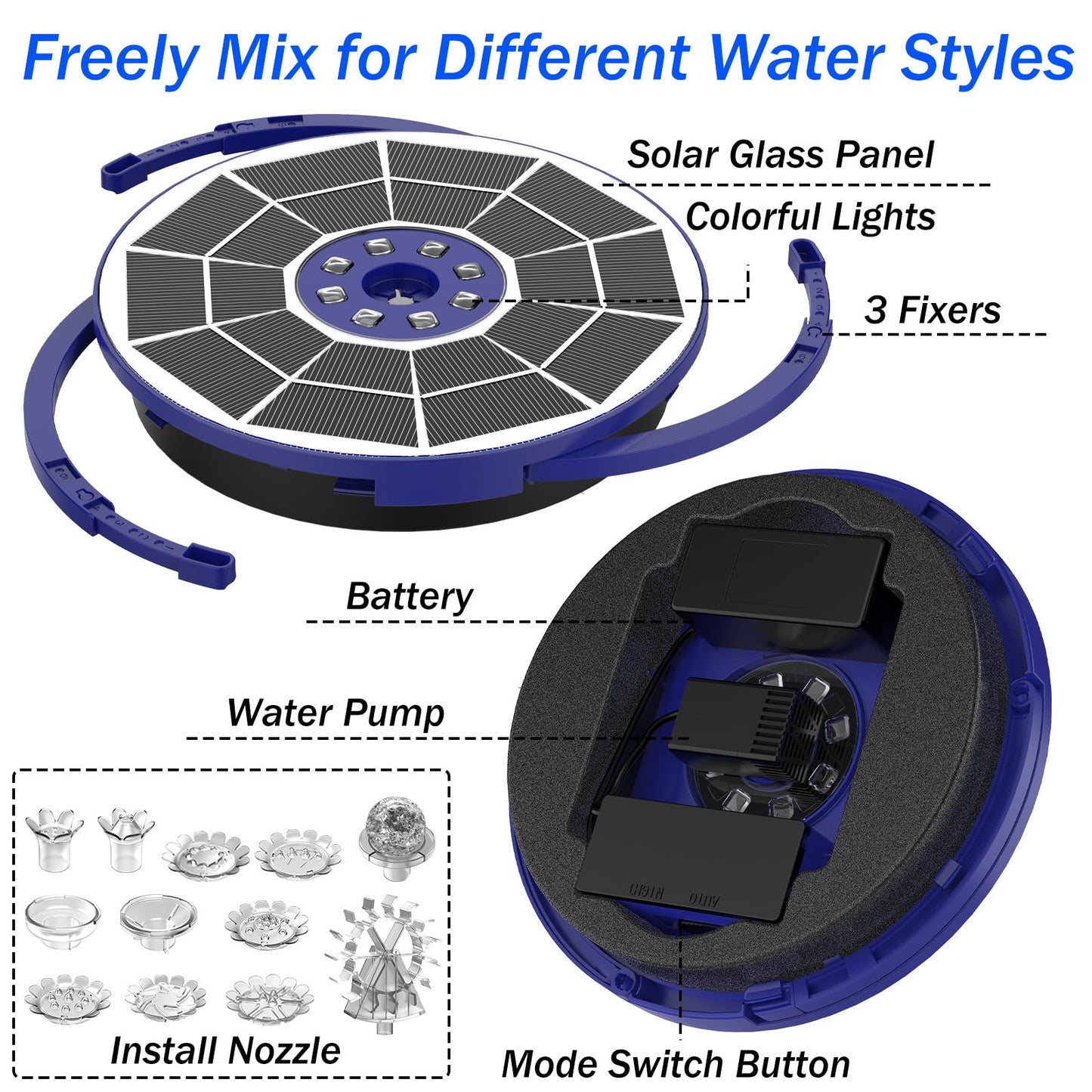 AISITIN 3.5W Solar Fountain Pump with LED Colorful Lights & 3000mAh Battery, Solar Bird Bath Fountain with 10 Nozzles, Solar Water Pump for Garden, Pond and Outdoor (Purple)