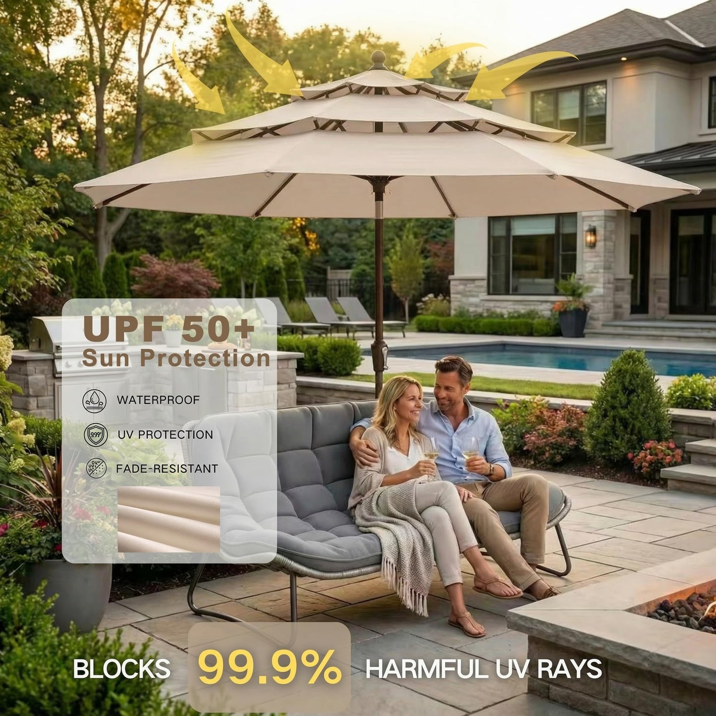 Kingdura 9ft 3-Tier Patio Umbrella, Outdoor Table Umbrella with Easy Crank & Tilt, 8 Reinforced Ribs, UV Protection for Deck, Pool, Market, Backyard (Beige)