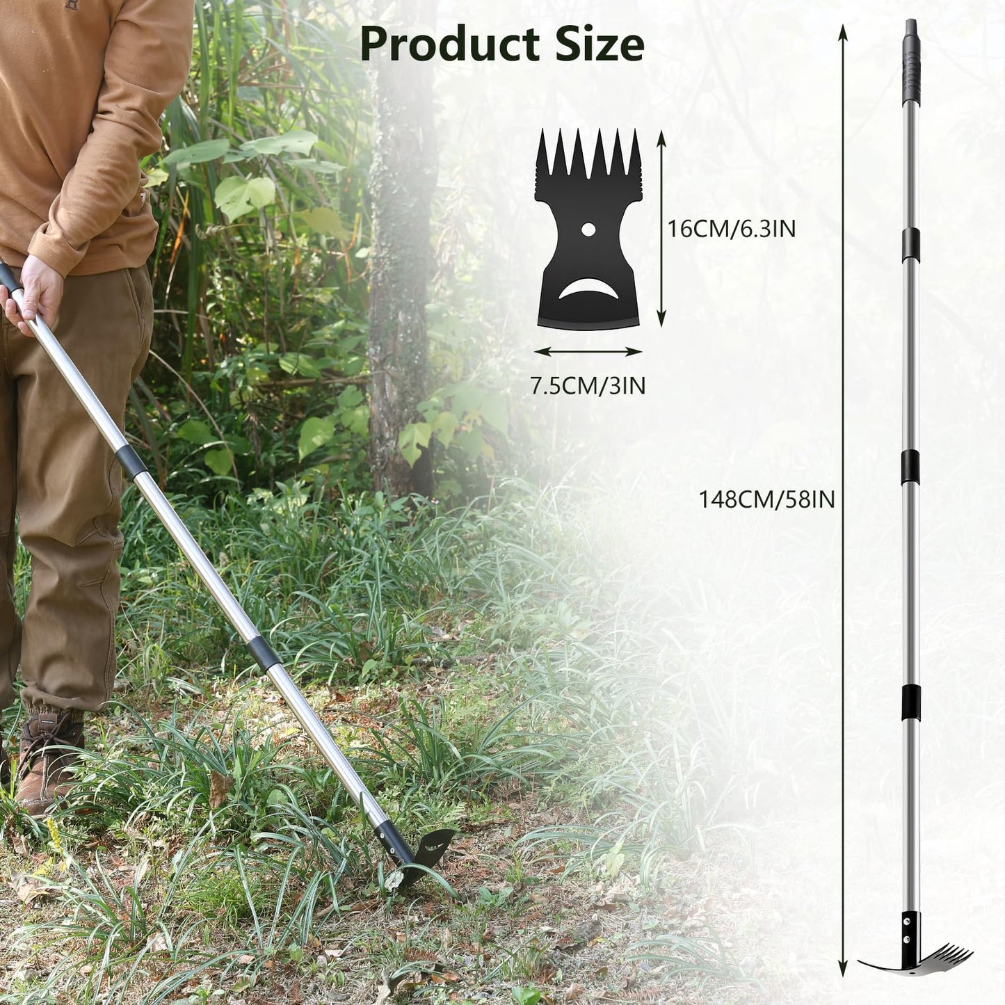Mitclear Weed Puller Tool with Long Handle(58IN), 2-in-1 Gardening Hand Tools Weeds Remover, Weeder Rake & Garden Hoe Combo, Manual Weeding Puller Tool for Garden Yard Patio Lawn