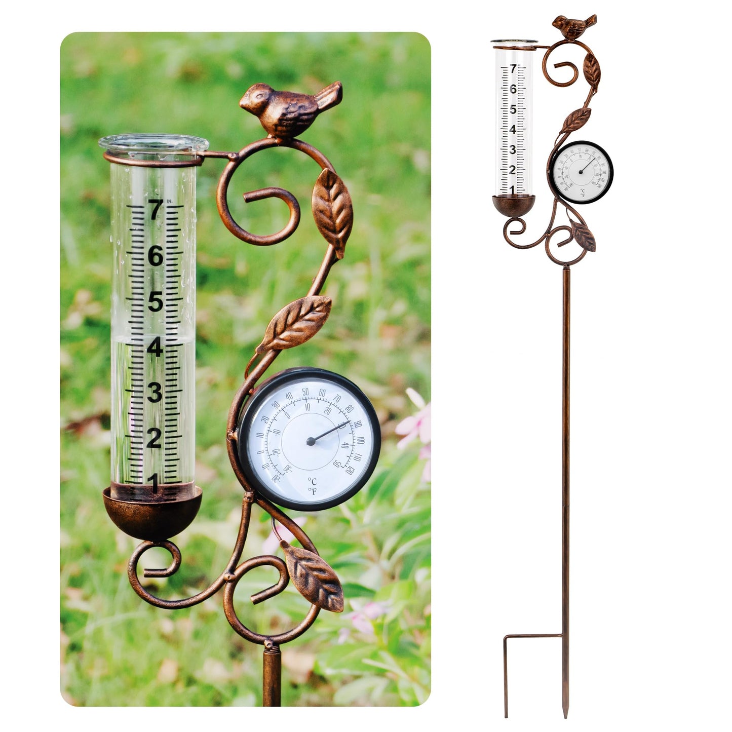 32" Garden Rain Gauge with Thermometer - 7" Glass Tube for Outdoor Indoor Use, Patio Yard Decor Statue
