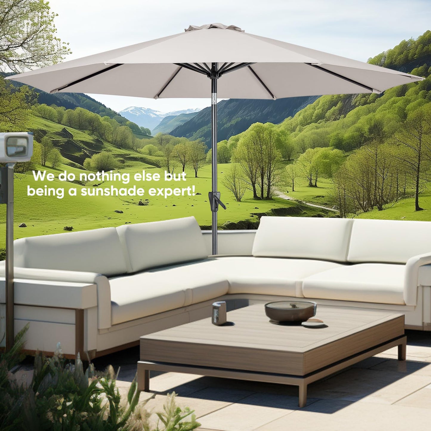 Tempera 9ft Patio Market Outdoor Table Umbrella with Push Button Tilt and Crank, Large Sun Umbrella with Sturdy Pole & Fade Resistant Canopy, Easy to Set, Beige