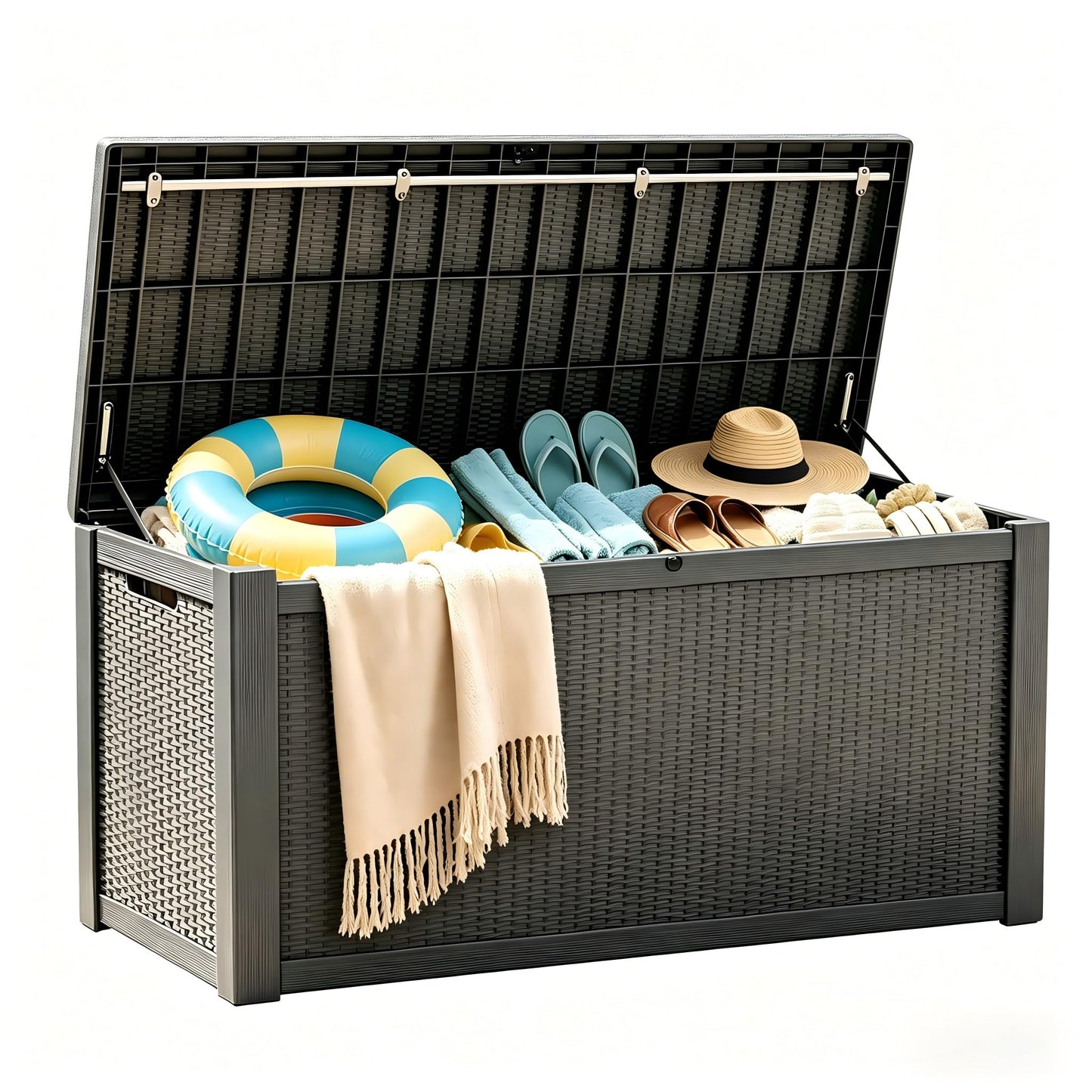 328 Gallon Waterproof Outdoor Storage Box, Heavy Duty Resin Deck Box Lockable, Large Outside Patio Storage Bench for Garden Tools & Pool Accessories, Hydraulic Lift, All-Season UV-Resistant, Brown