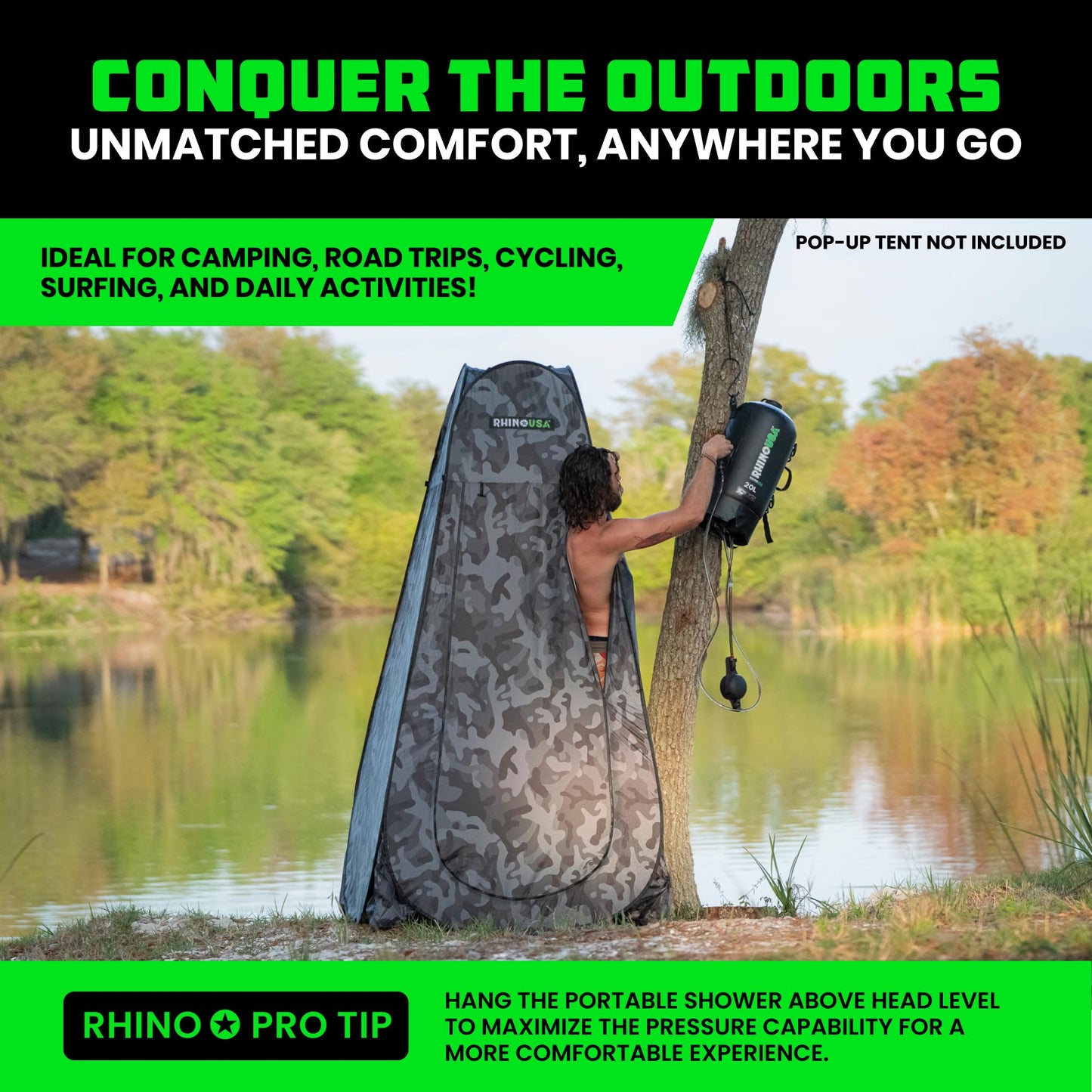Rhino USA 5 Gal / 20L Portable Solar Camp Shower - Essential for Camping, Festivals, Overlanding, Beach Trips, Outdoor Shower and more!