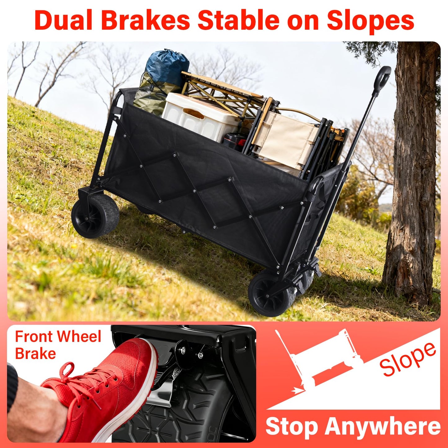 Collapsible Wagon Cart Foldable, 600LBS Beach Wagon with Big All-Terrain Wheels & Brakes, Heavy Duty Folding Utility Carts with Cup Holders for Garden, Camping, Sports, Groceries, Shopping