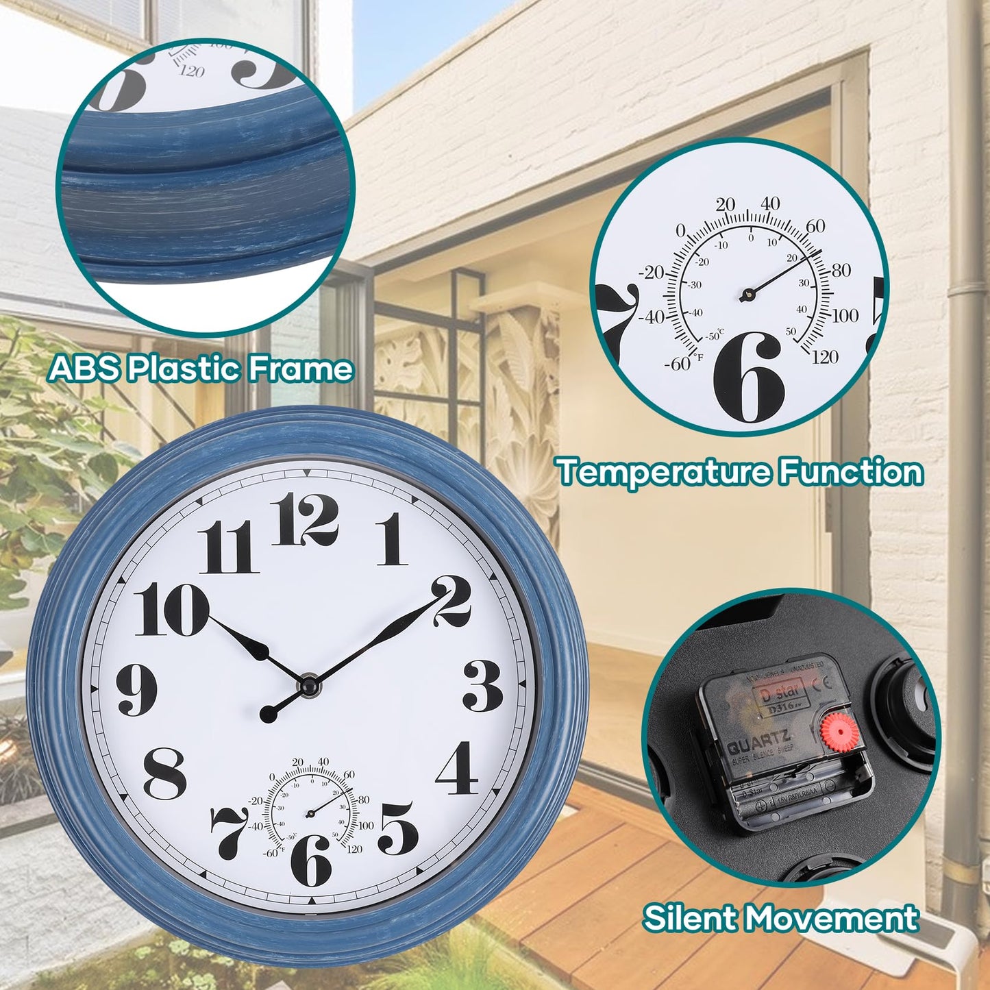 Aurowit Outdoor Clock Waterproof 14 Inch Outdoor Clocks with Thermometer Combo Wall Clock Battery Operated Non-Ticking Blue Clocks for Patio Pool