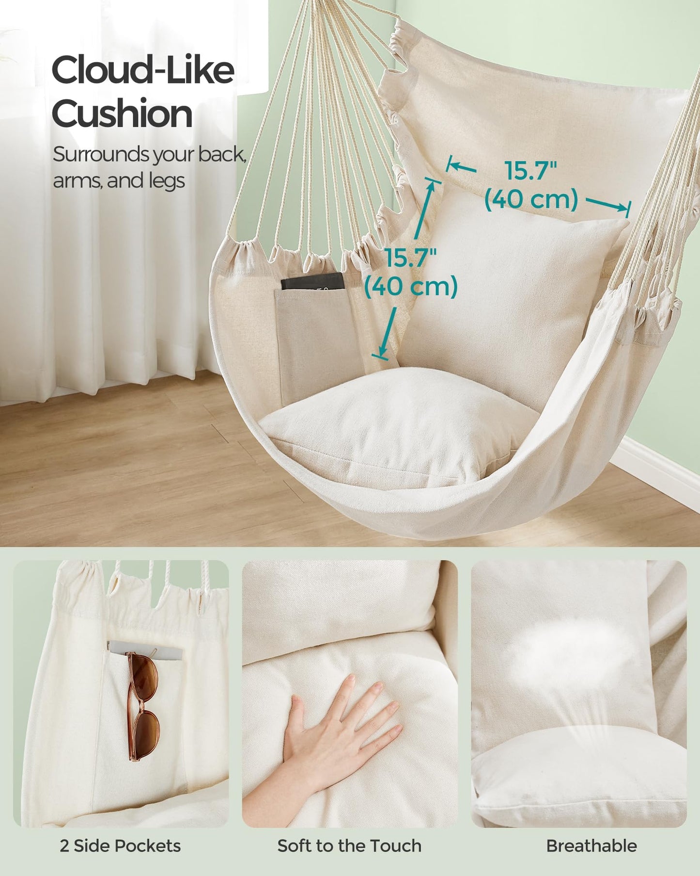 SONGMICS Hammock Chair, Load Capacity 500 lb, Hanging Chair with 2 Cushions, Large Hammock Swing with Chain and Pocket, for Indoor, Outdoor, Living Room, Bedroom, Cream White UGDC197M01