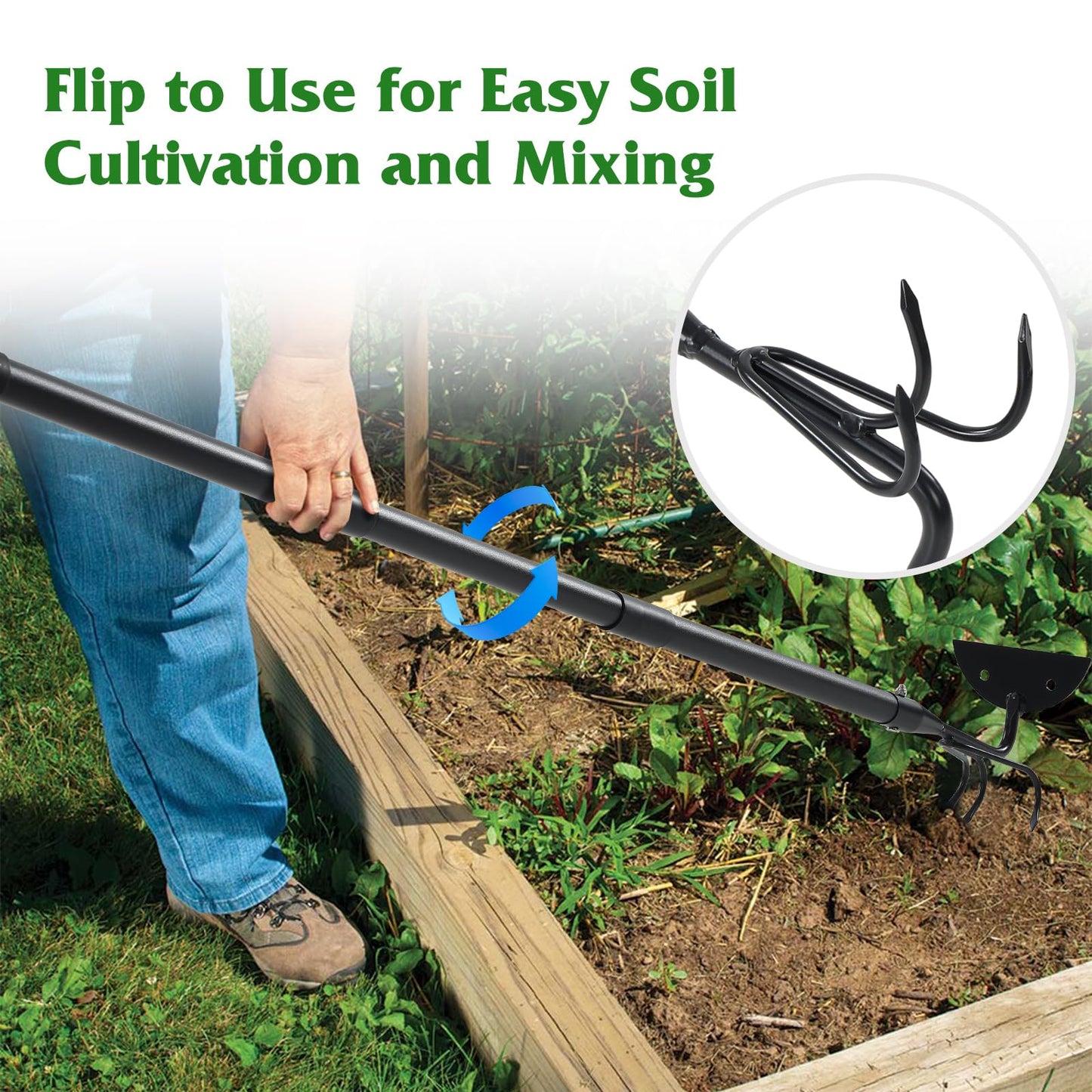 COCONUT 2-in-1 Garden Hoe, 45" Weeding & Cultivating Tool with Curved Tines & Sharp Blade, Stand-Up Design Saves Your Back, for Loosening Soil in Vegetable Garden & Flower Beds
