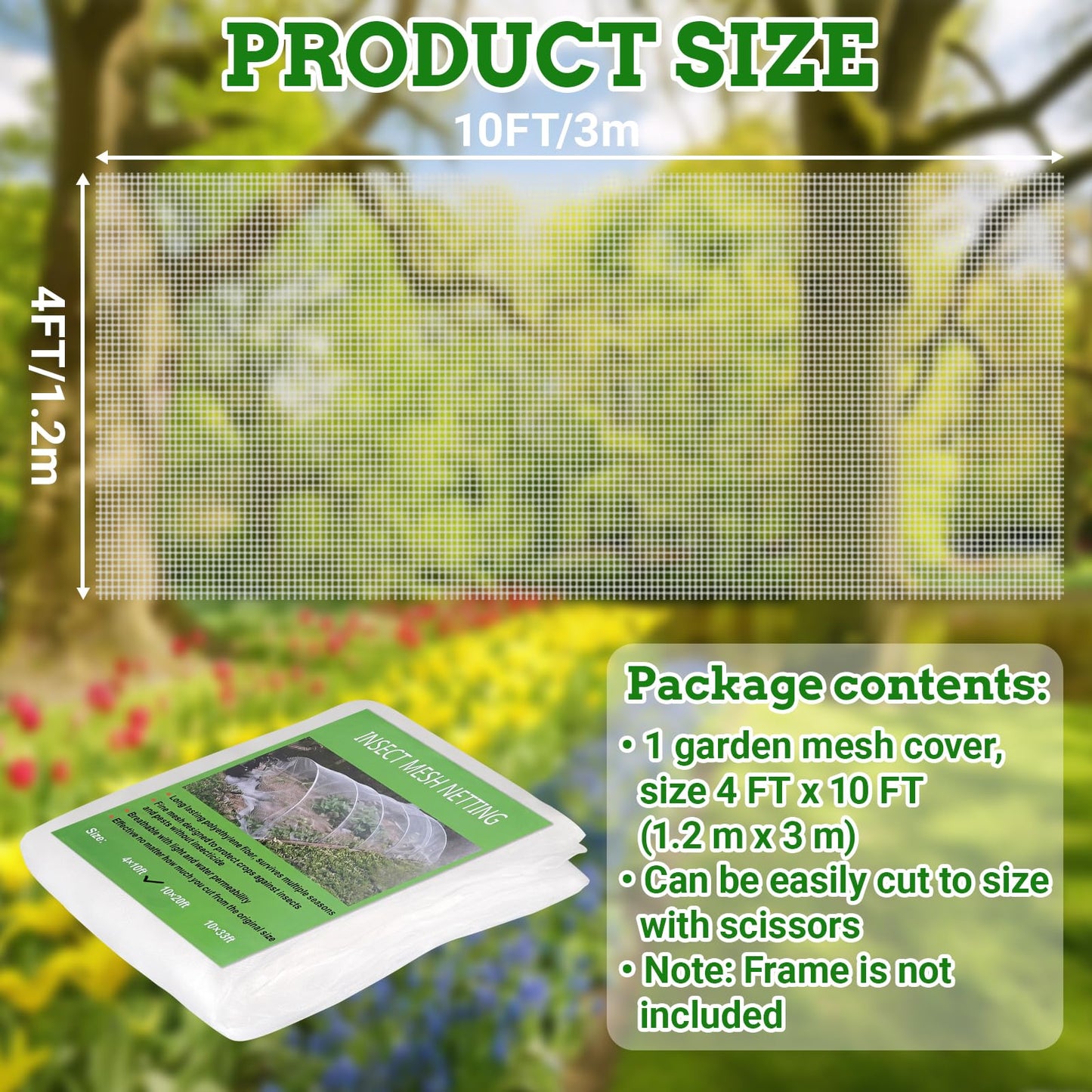 Ultra Fine 4'x10' Garden Netting – No Frame Needed, Easy Install, Pest Barrier & Bird Netting, Plant Cover for Garden, Greenhouse, Patio, Protecting Vegetables, Flowers, Trees
