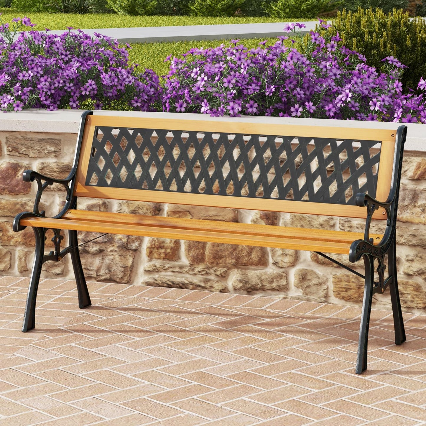 Tangkula Outdoor Garden Bench Park Bench, Patio Bench Chair with Cast Iron & Hardwood Structure, Weather Proof Porch Outdoor Furniture Loveseat, Perfect for Backyard, Deck, Lawn, Poolside