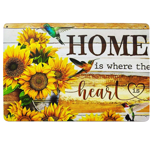 ZOVSON Home Is Where The Heart Is Vintage Sunflower Metal Tin Sign Novelty Birds Rustic Home Decor for Living Room Bedroom 8X12Inch