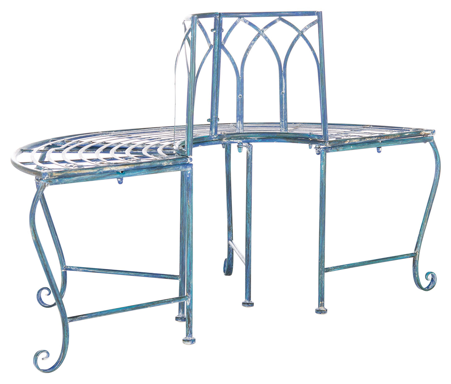 SAFAVIEH Outdoor Furniture Collection – Abia Antique Blue Distressed Wrought Iron 50-Inch Curved Tree Bench, Garden & Patio Seating (PAT5018C)