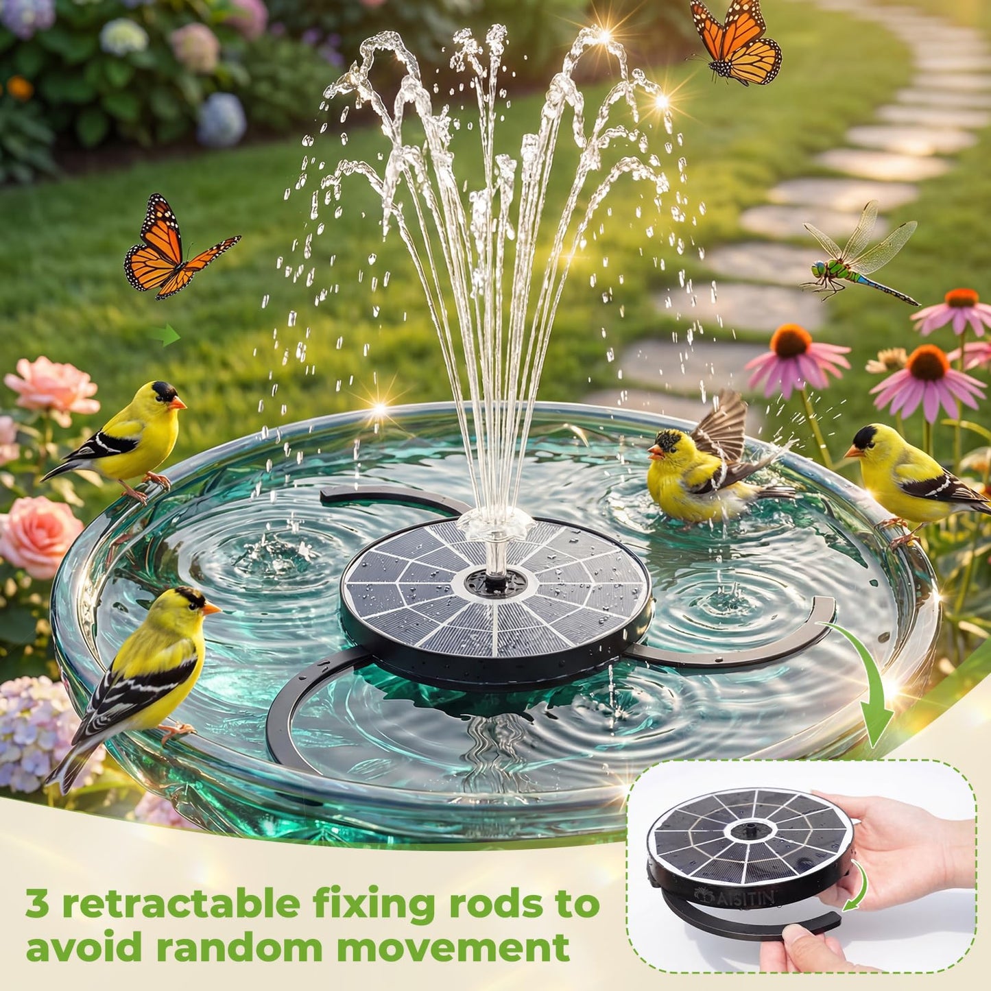 AISITIN 3.7W Solar Bird Bath Fountain Upgraded 6.3" Solar Glass Panel, Solar Powered Fountain Pump with Integrated Bracket & Storage for Bird Bath, Pond, Garden, Aquarium and Outdoor
