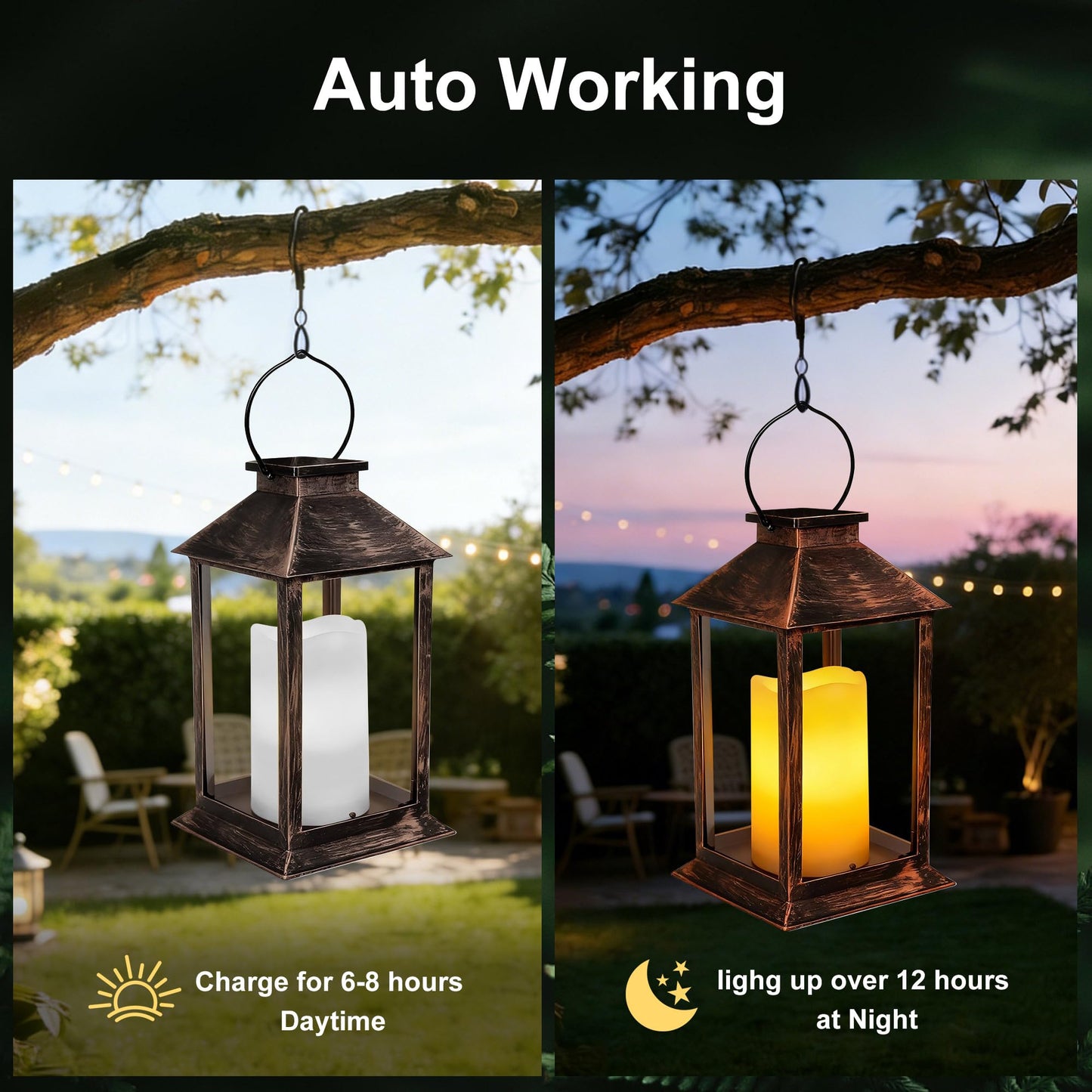 2 Pack 14 Inch Solar Lanterns Outdoor Waterproof with Flickering Flameless Candles, Outdoor Garden Hanging Lantern Decorative for Patio Front Porch Backyard Balcony Cabin Outside Table