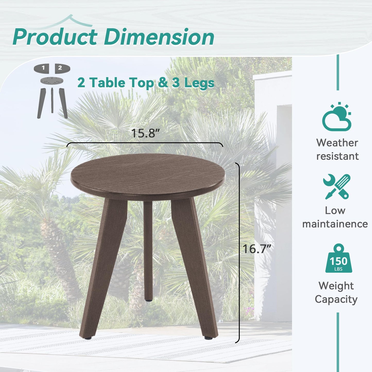 Homenjoy Outdoor Side Table, HDPS Outdoor Table, Small Round Side Table Weather-Resistant, Outdoor Side Tables for Patio, Porch,Deck,End Table for Plant Stand, Dark Brown