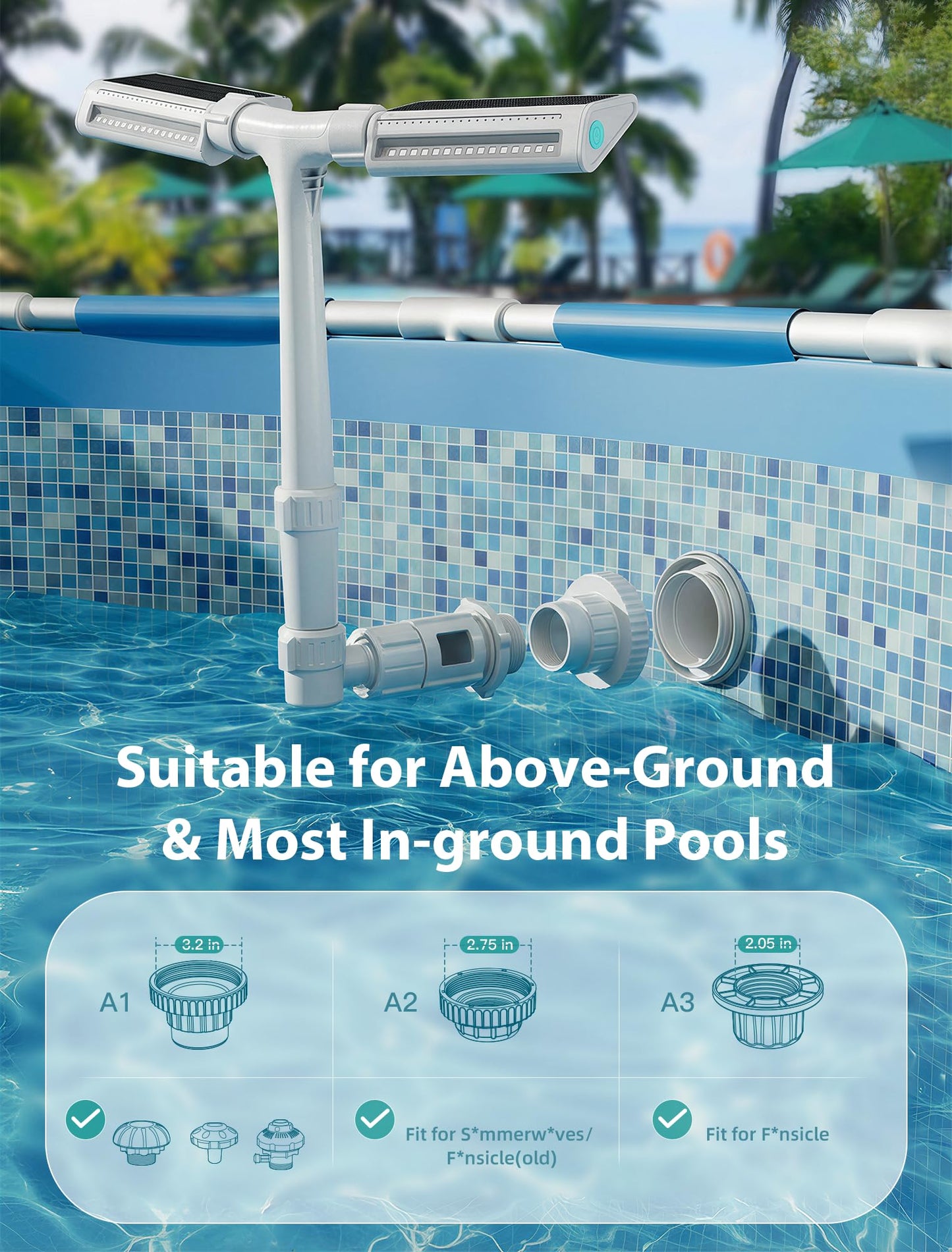 2026 Height Upgrade Solar Pool Fountain with 10-Color 4-Modes Lights, Dual Spray Waterfall Sprinkler 360° Adjustable, Compatible with Above & Inground Pools for Cooler Relaxation (White)