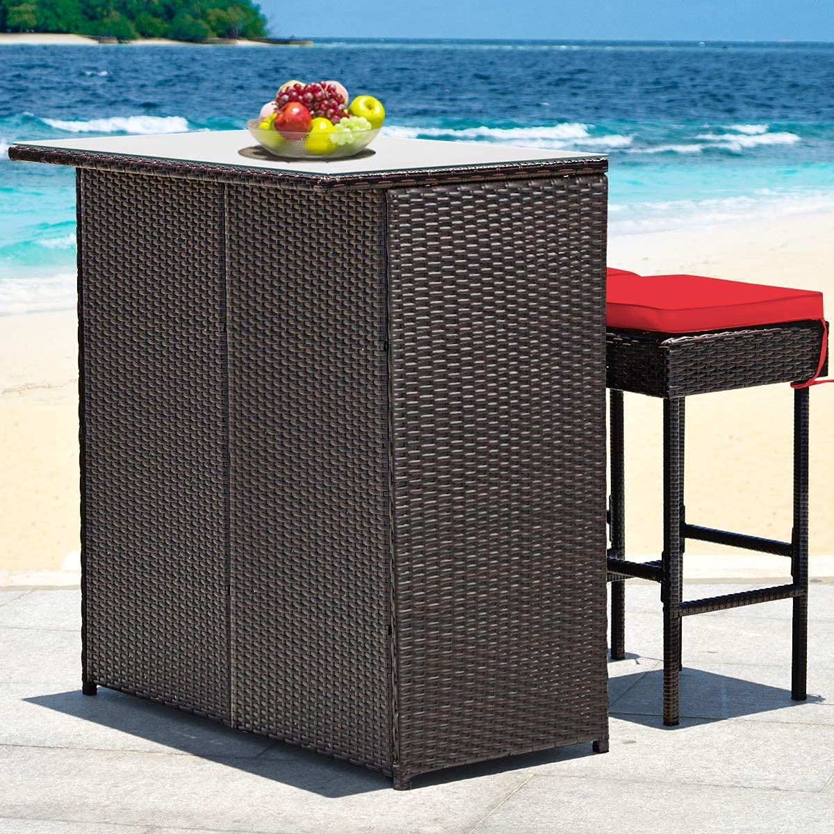 Giantex ReunionG Outdoor Patio Bar Set, 2 Cushions Stools & Glass Top Table, Bar Rattan Set 3-Piece Wicker Bar Stools & Table with 2 Storage Shelves for Lawn Pool Backyard Garden Porches (Red)