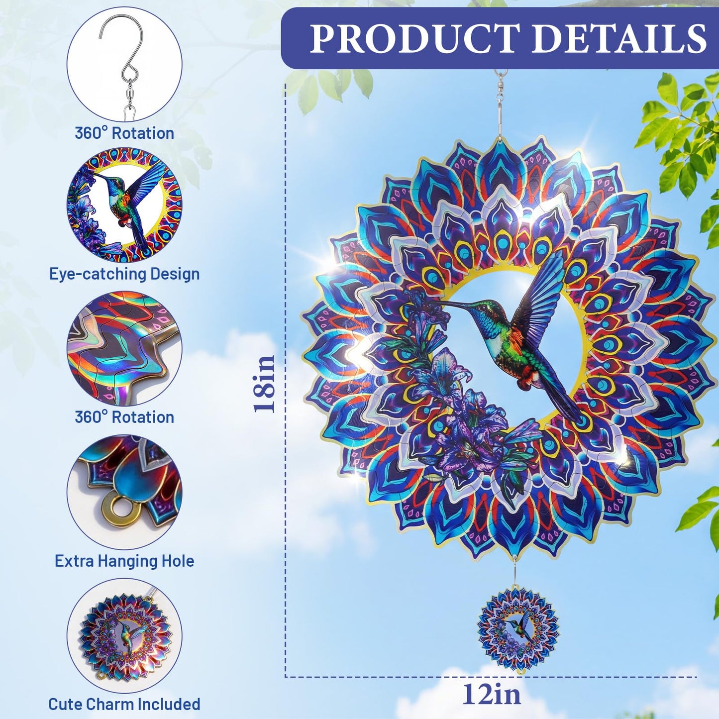 Hummingbird Mandala Wind Spinner for Mother's Day, IDEA SHOW 12In 3D Kinetic Metal Wind Spinners, Hummingbird Gift for Women, Mom, Garden Decor Outdoor/Indoor Decoration, Dynamic Art Hanging Sculpture