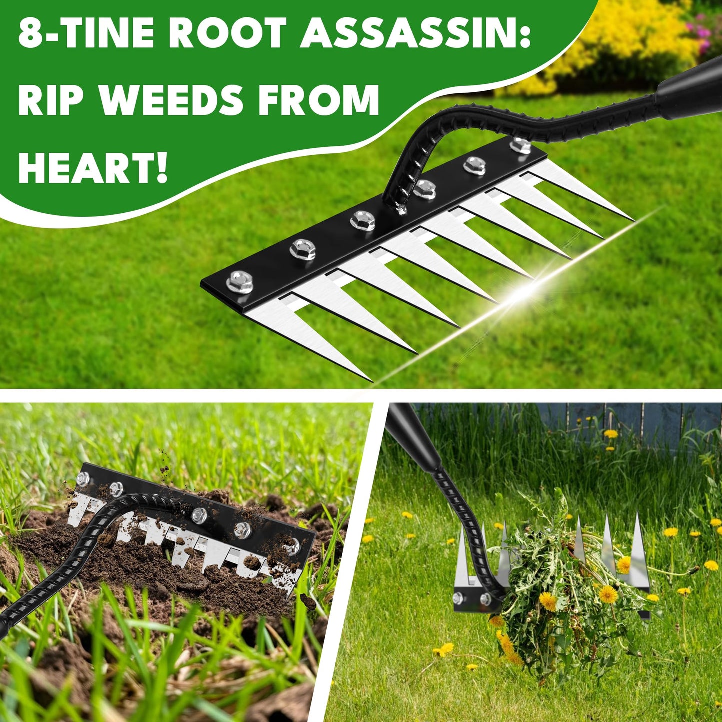 Weed Puller Tool, Iron Weeding Rake with Handle 2.0, Upgraded 8 Teeths Garden Weeding Tool Heavy Duty Gardening Tool for Lawn, Flower Beds & Soil Aeration