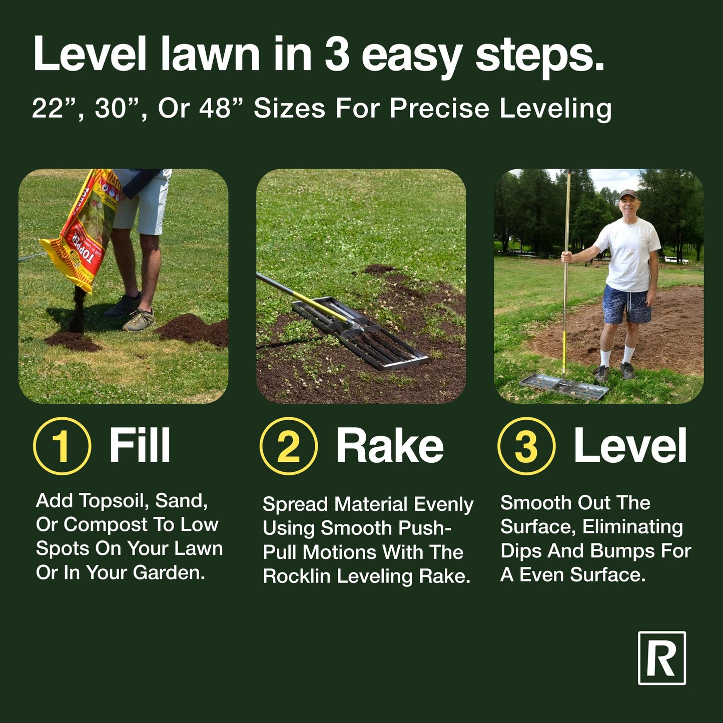 Rocklin™ Lawn Leveling Rake |Stainless Steel Surface Leveling Tool | Level Soil or Dirt Ground Surfaces Easily | 48” x 10” Ground Plate | 78” Extra Long Handle