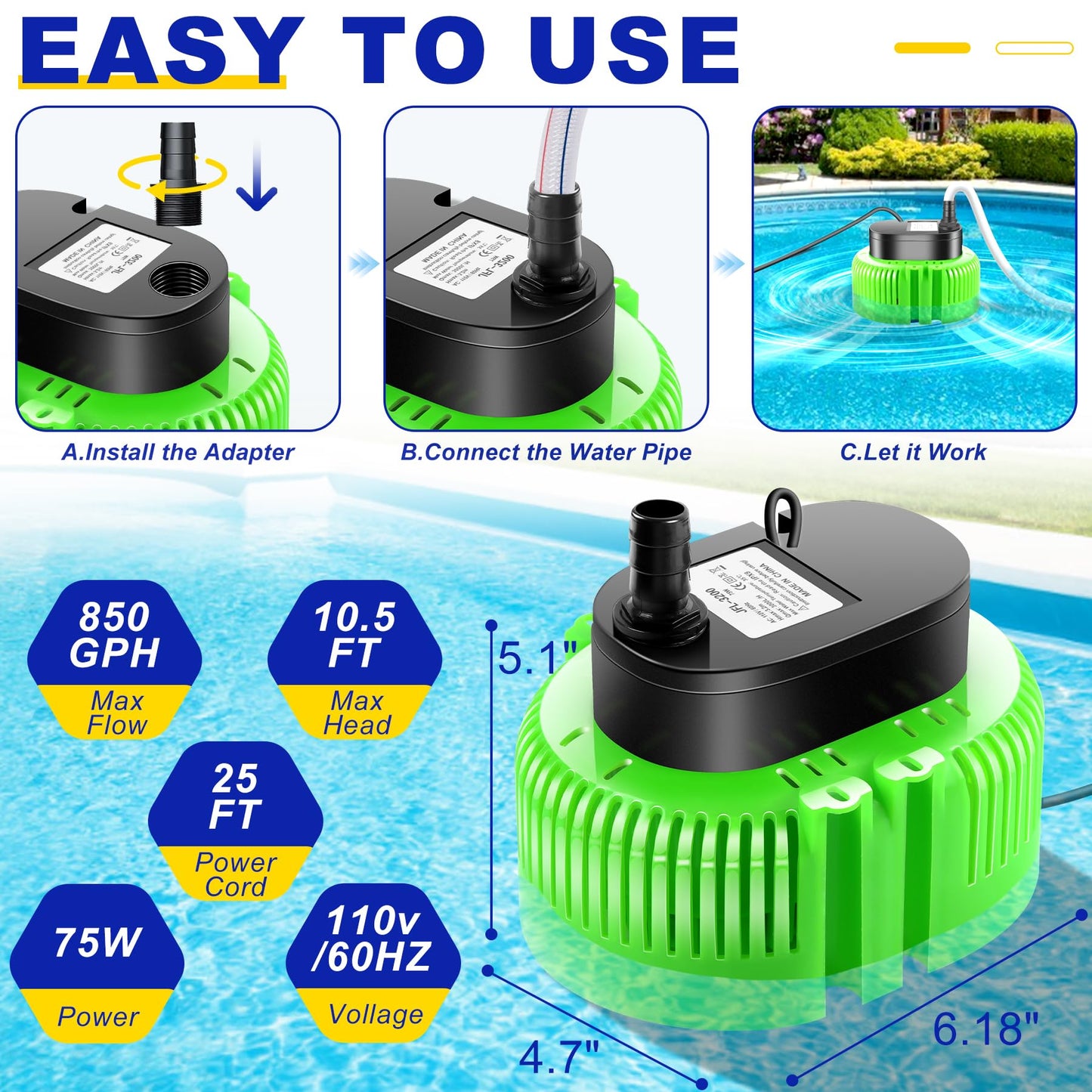 UniWater Pool Cover Pump above Ground-Submersible Sump Pump Swimming Water Removal Pumps, Sump Pumps for Pool Draining with 16ft Drainage Hose & 25 ft Extra Long Power Cord,850 GPH,3 Adapters-Green